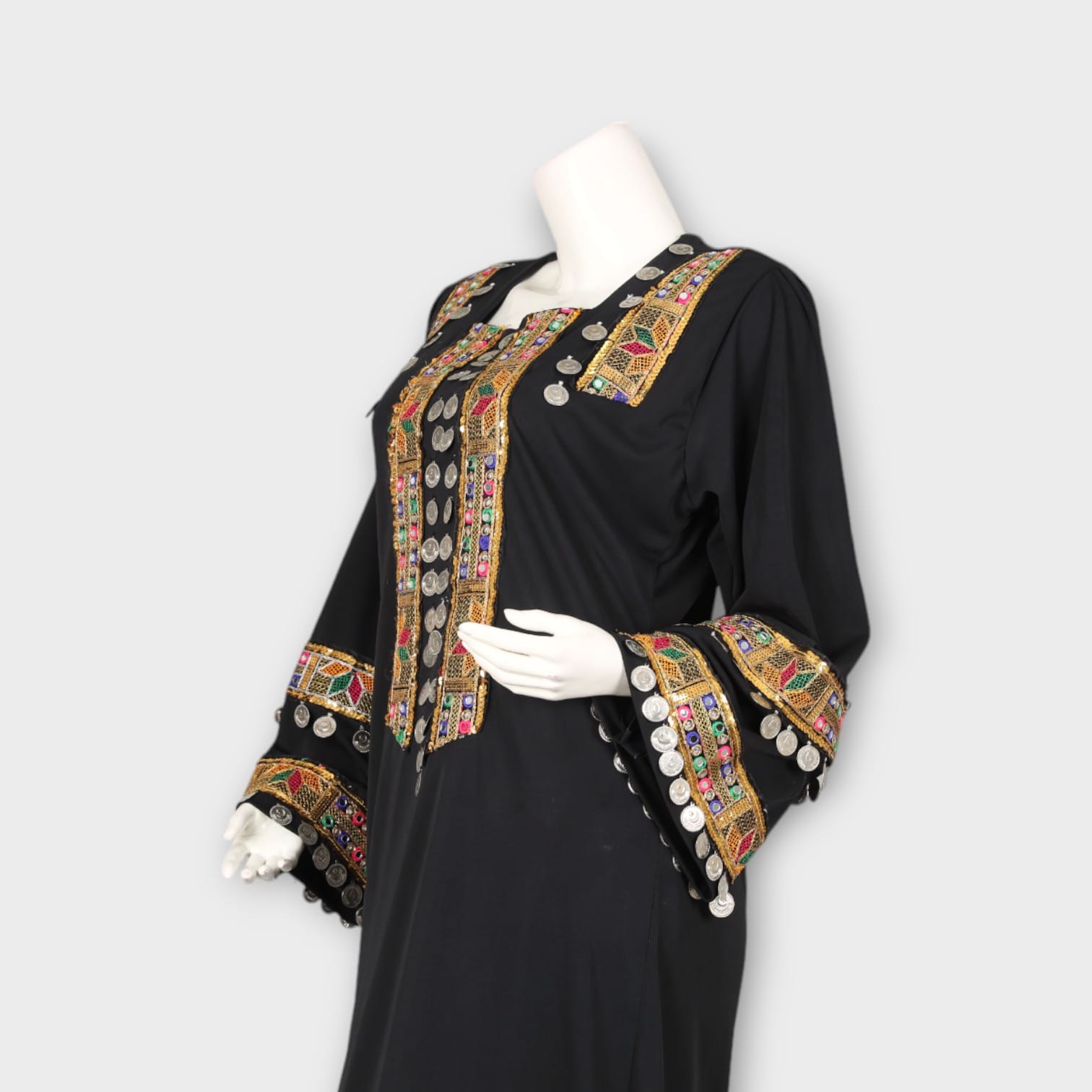 Black Traditional Afghani Dress with Colorful Embroidery and Coin Detailing
