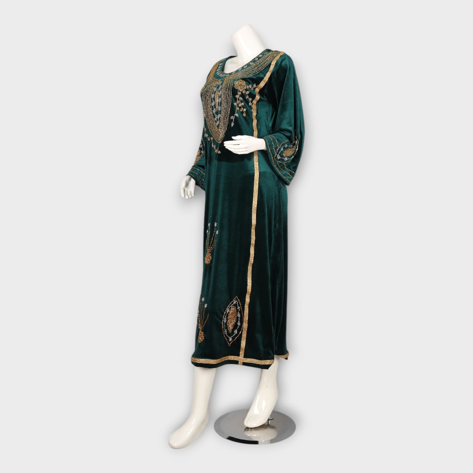 Emerald Green Velvet Afghani Dress with Golden Bead Embroidery