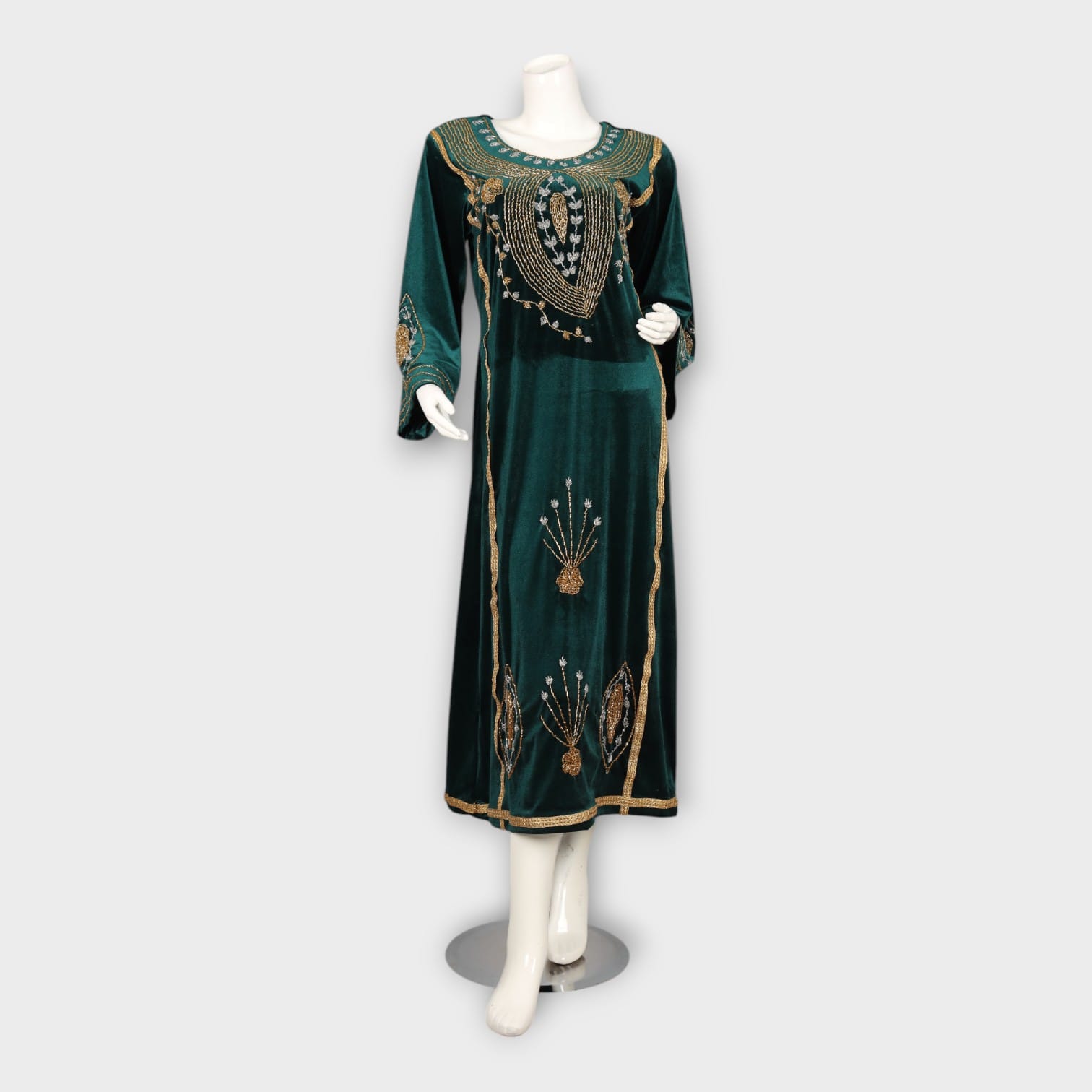 Emerald Green Velvet Afghani Dress with Golden Bead Embroidery