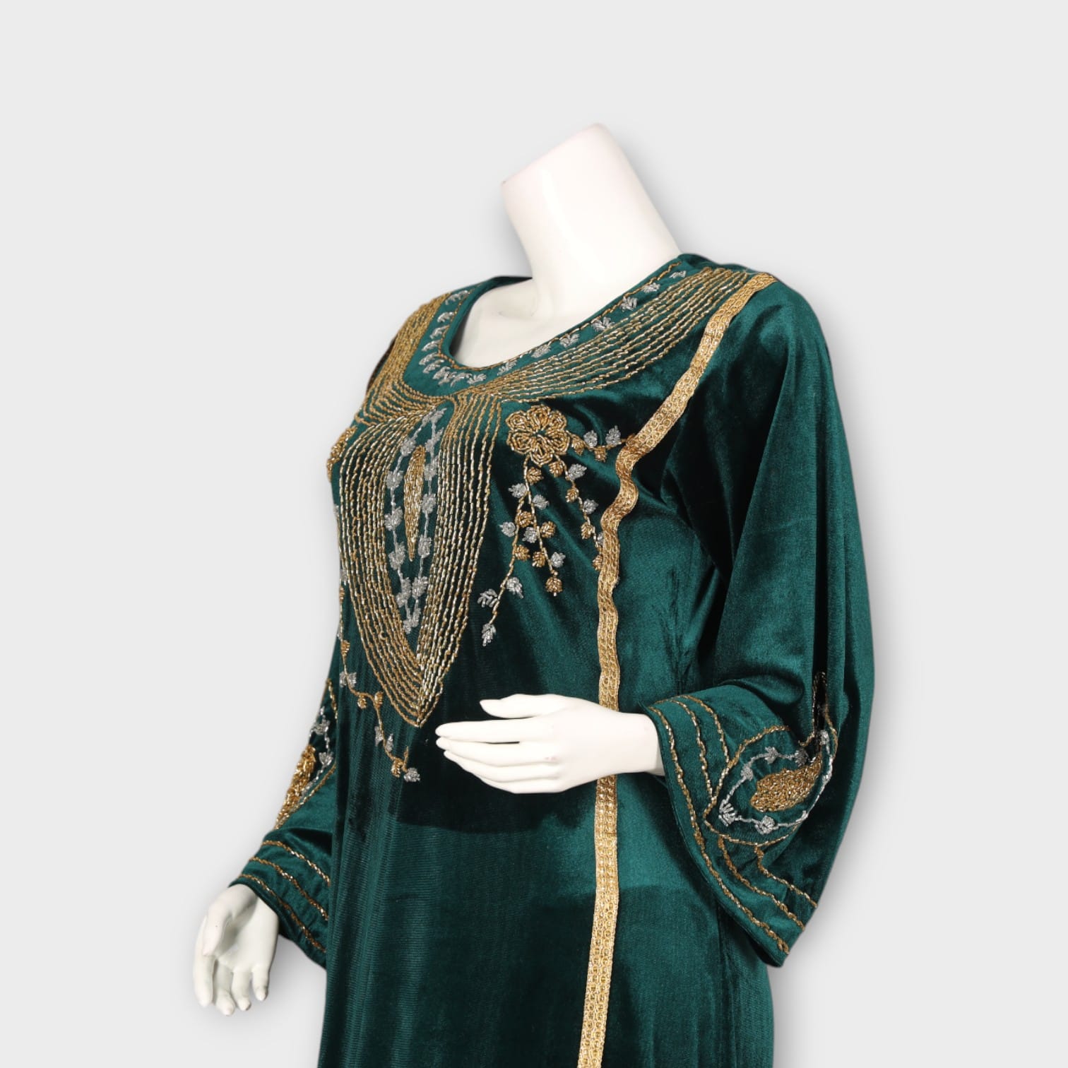 Emerald Green Velvet Afghani Dress with Golden Bead Embroidery