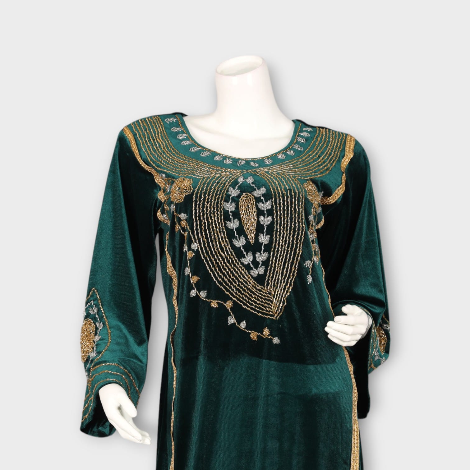 Emerald Green Velvet Afghani Dress with Golden Bead Embroidery