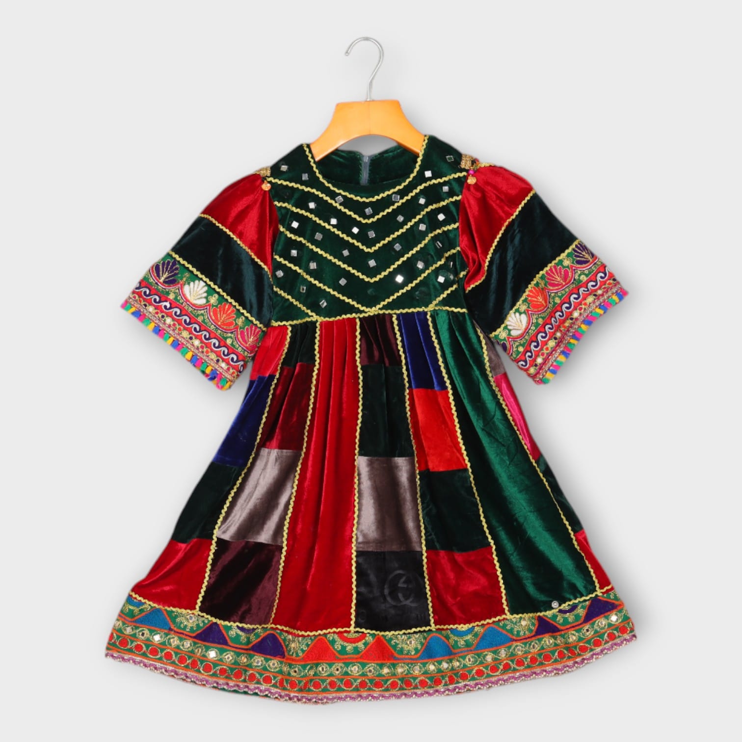 Colorful Patchwork Velvet Afghani Dress for Girls