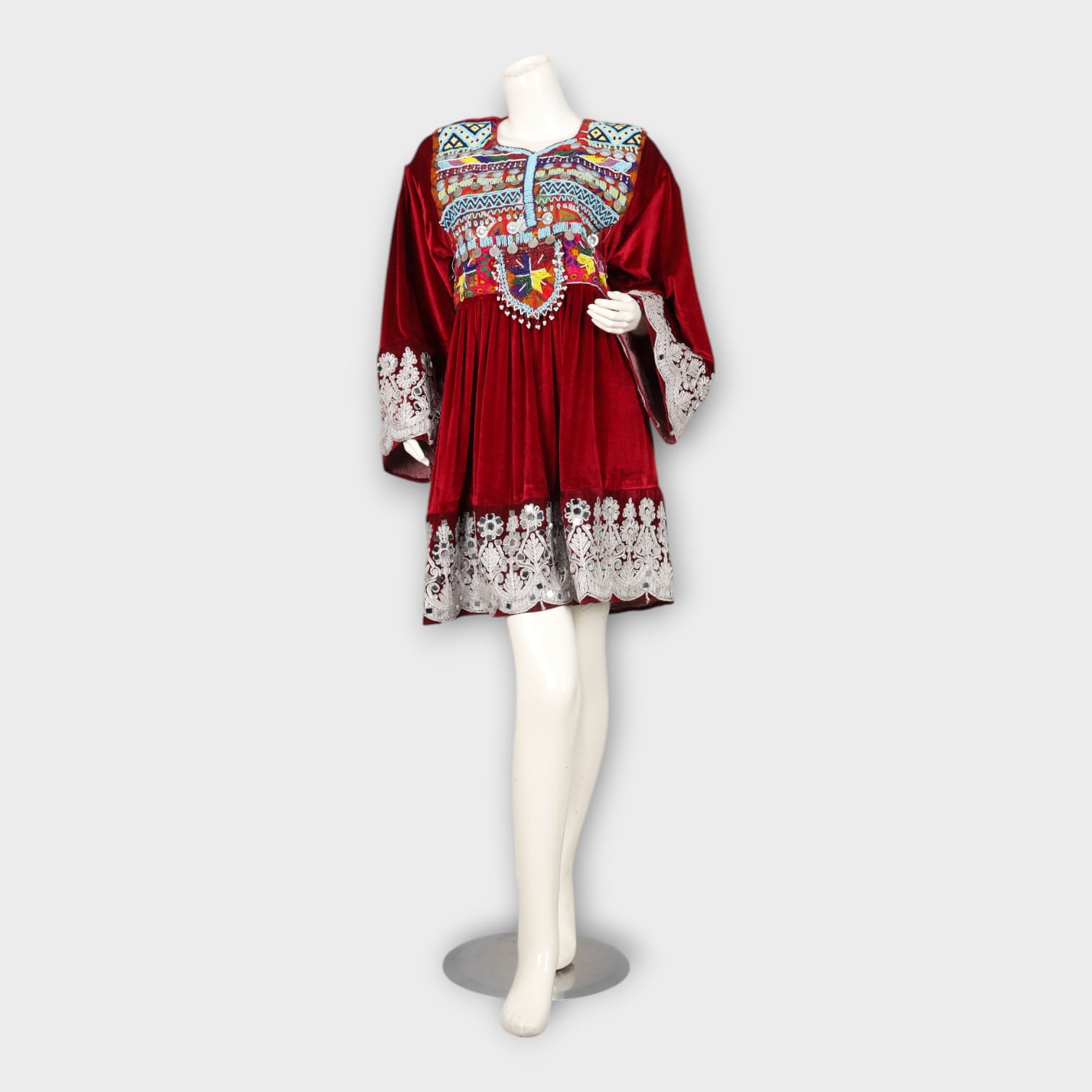 Red Velvet Afghani Embroidered Short Dress