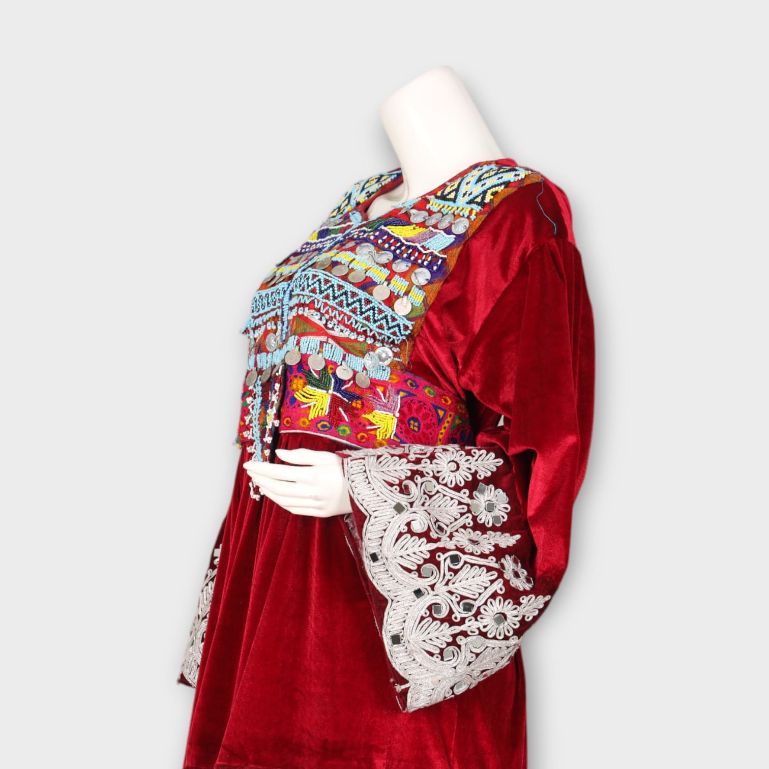 Red Velvet Afghani Embroidered Short Dress