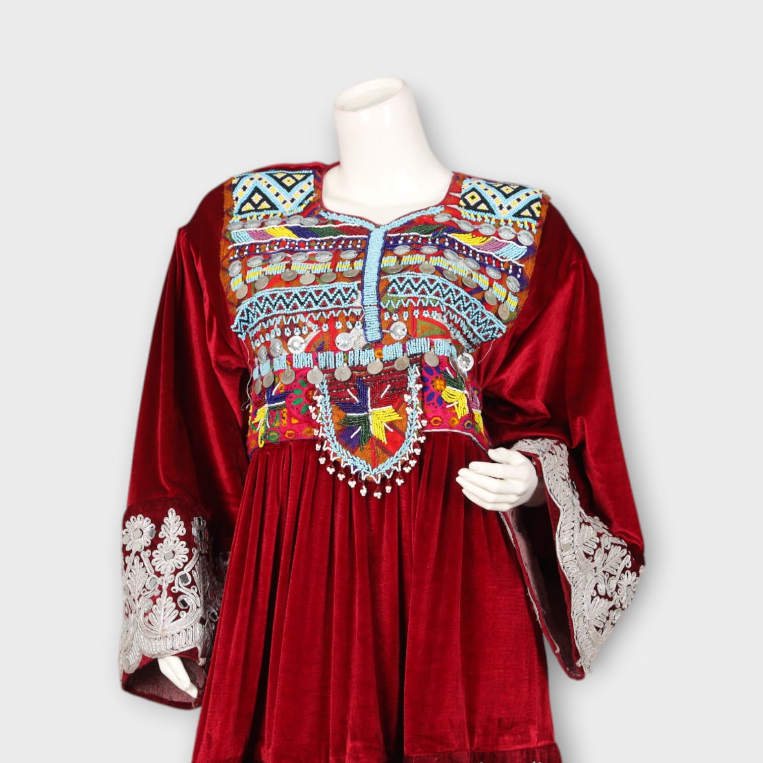 Red Velvet Afghani Embroidered Short Dress