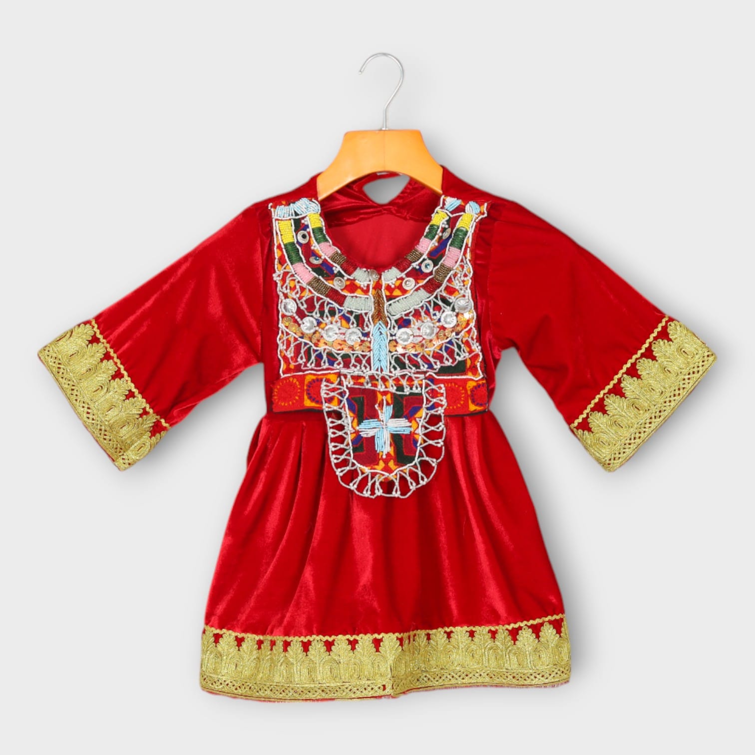Red Velvet Afghani Baby Dress with Golden Embroidery