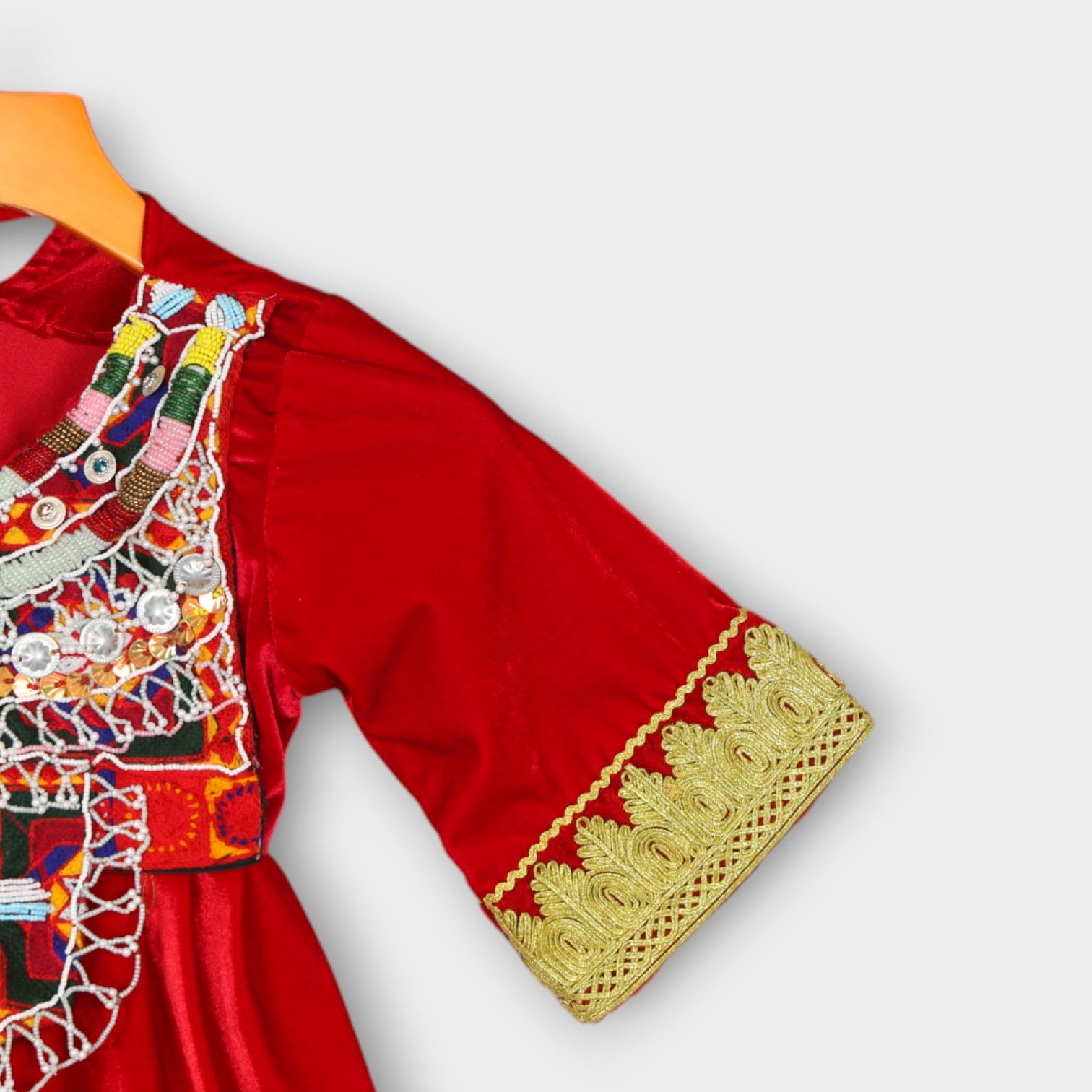 Red Velvet Afghani Baby Dress with Golden Embroidery