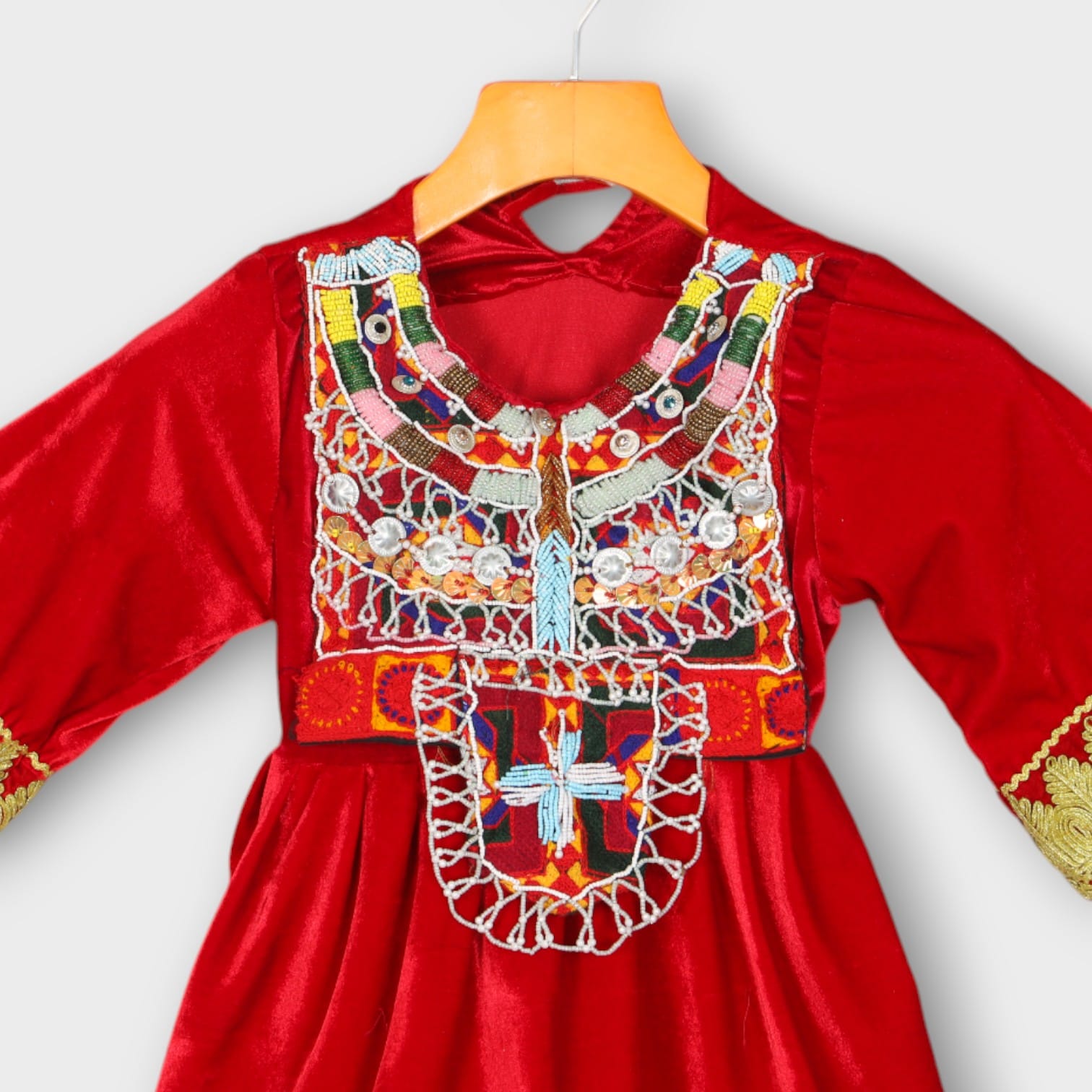 Red Velvet Afghani Baby Dress with Golden Embroidery