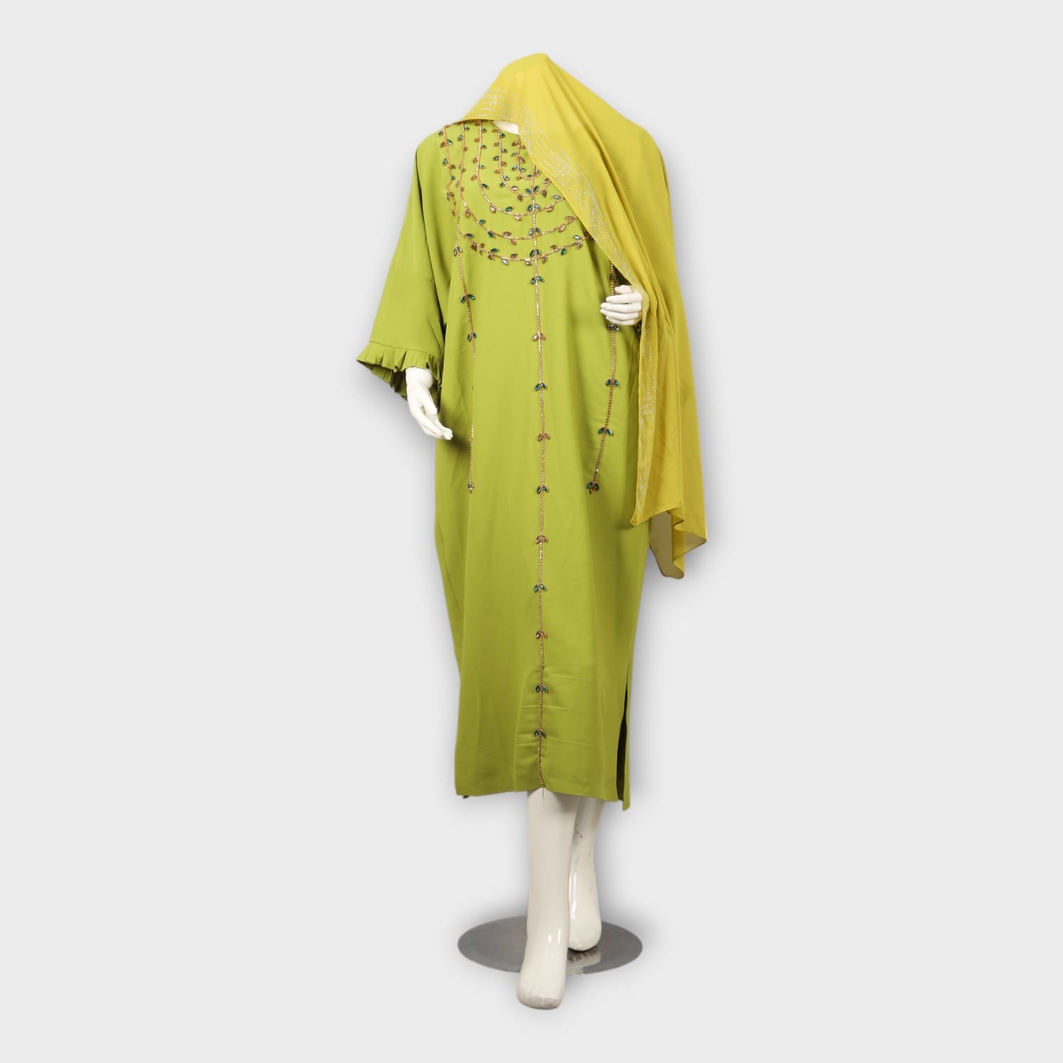 Light Green Afghani Embroidered Long Dress