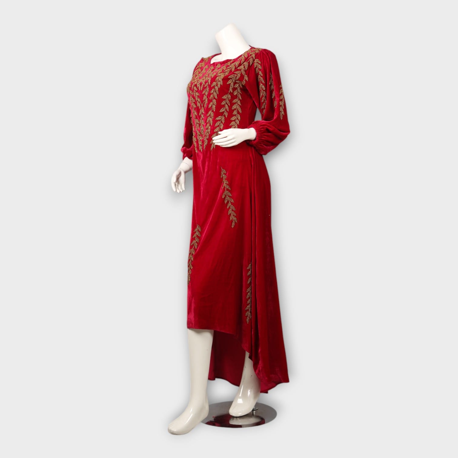 Maroon Afghani Velvet Embroidered Long Dress