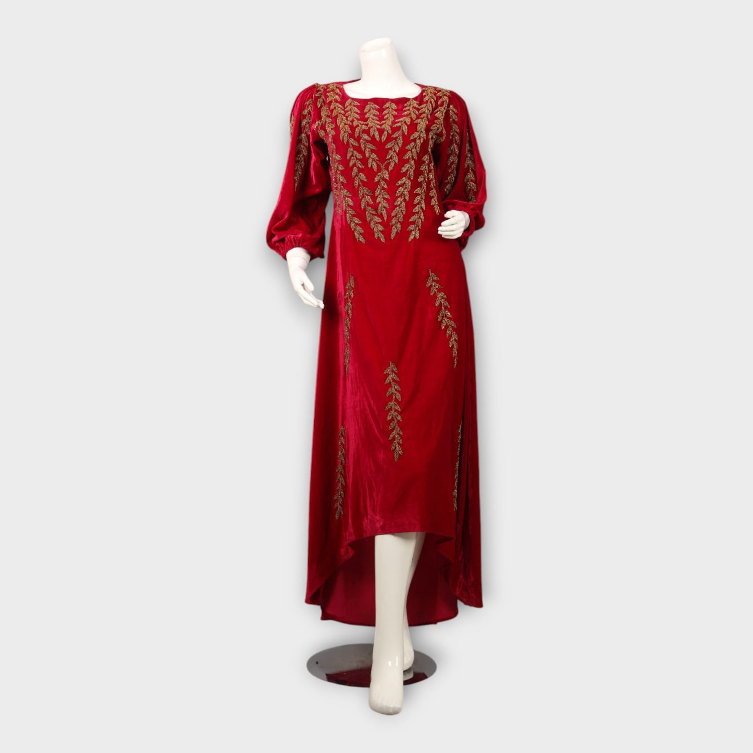 Maroon Afghani Velvet Embroidered Long Dress