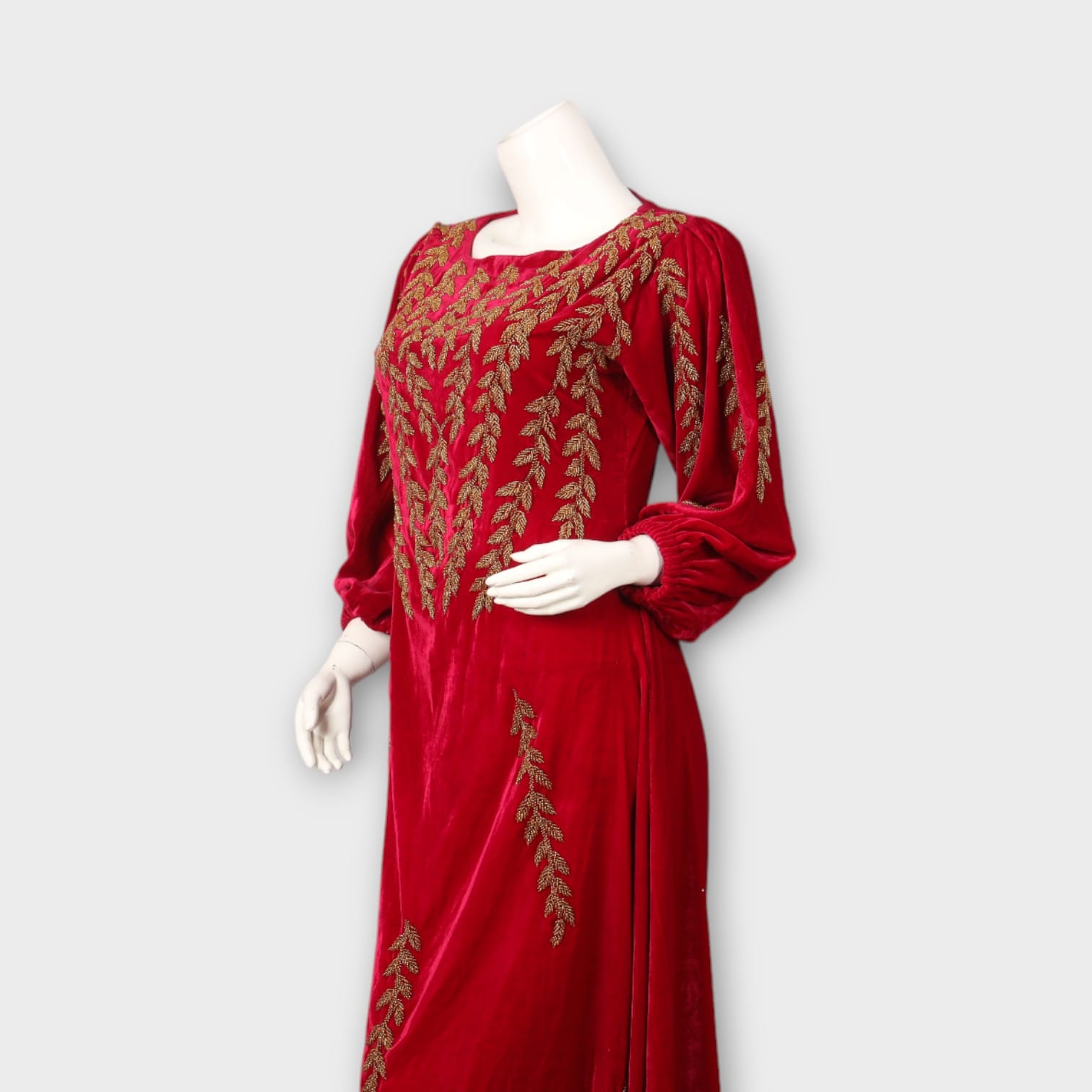Maroon Afghani Velvet Embroidered Long Dress