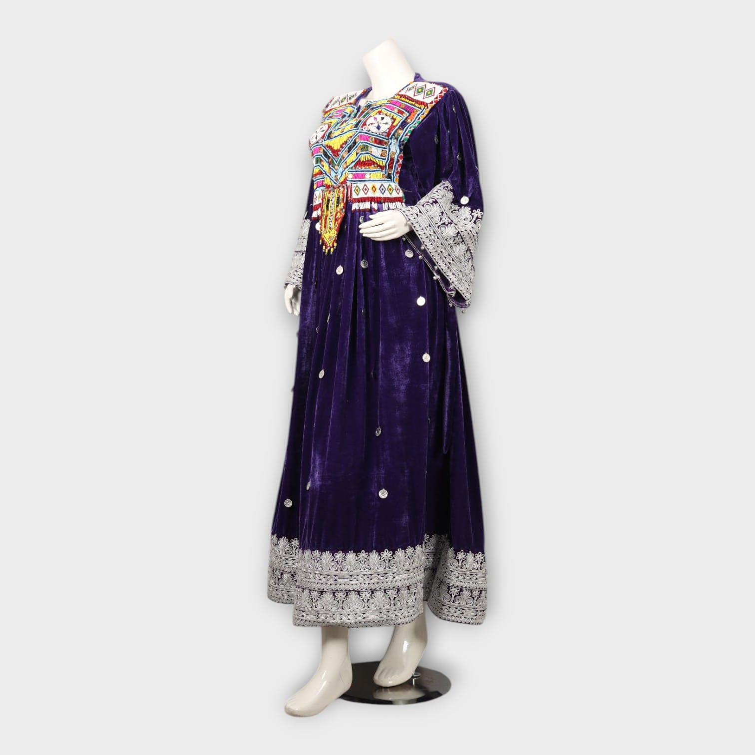 Royal Purple Afghani Velvet Dress with Embroidery and Silver Detailing