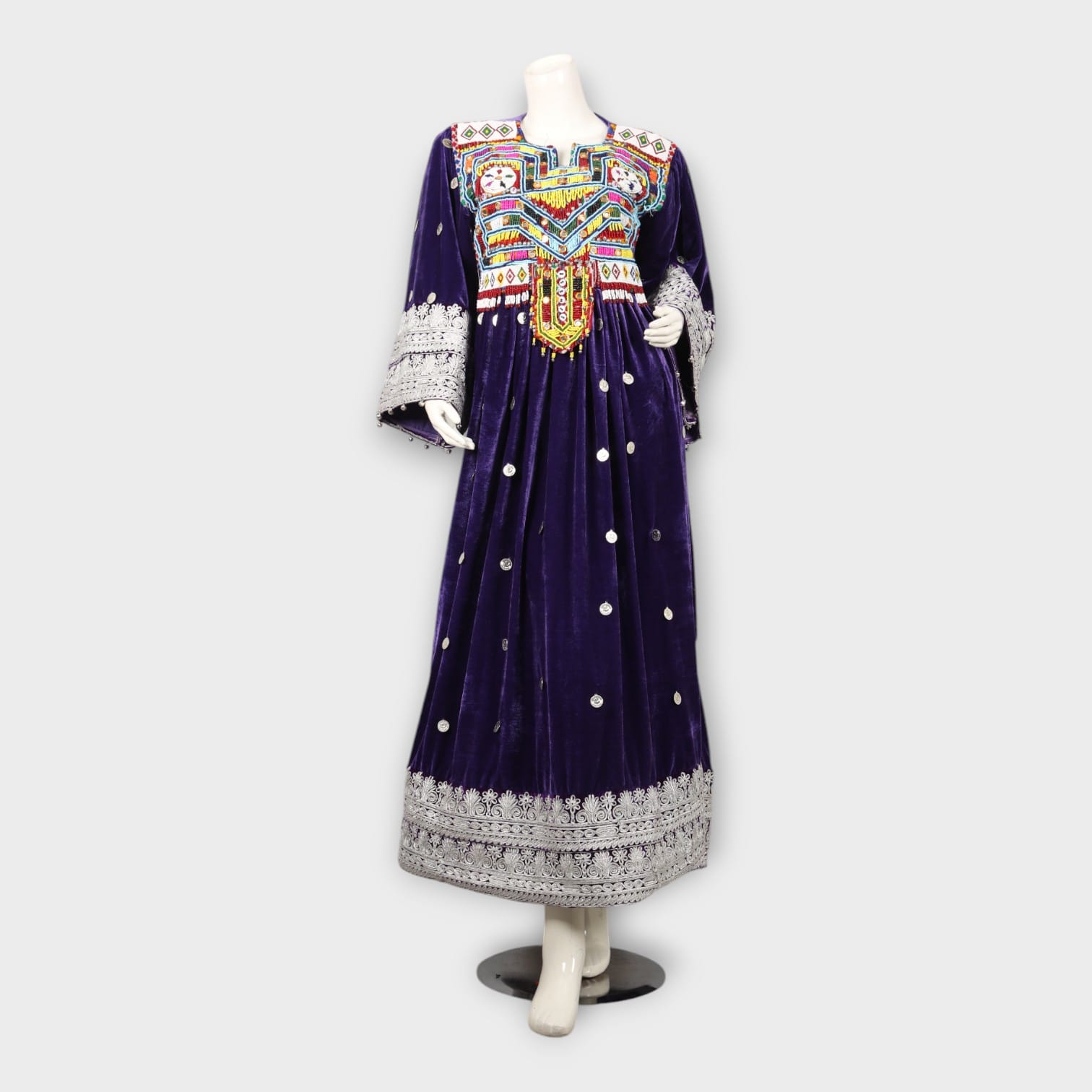 Royal Purple Afghani Velvet Dress with Embroidery and Silver Detailing