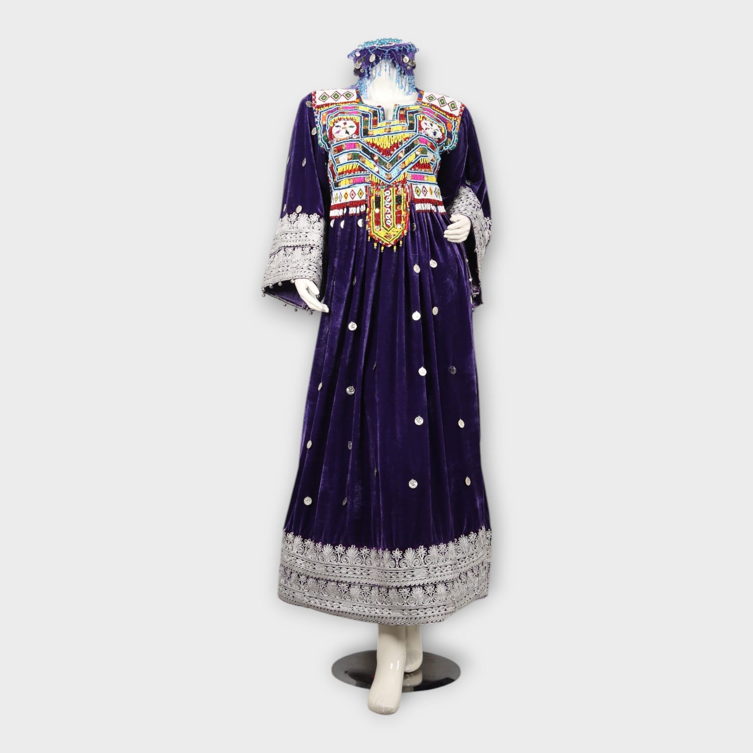Royal Purple Afghani Velvet Dress with Embroidery and Silver Detailing
