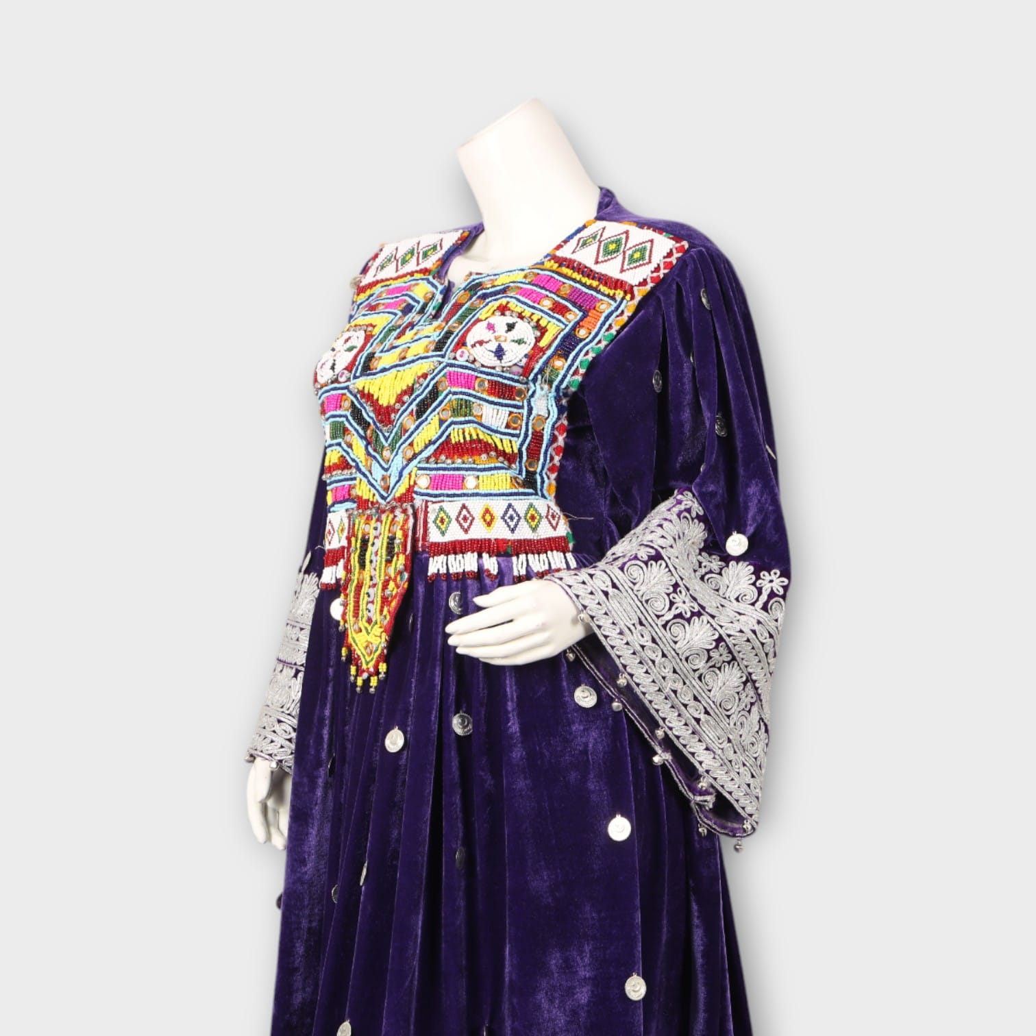 Royal Purple Afghani Velvet Dress with Embroidery and Silver Detailing
