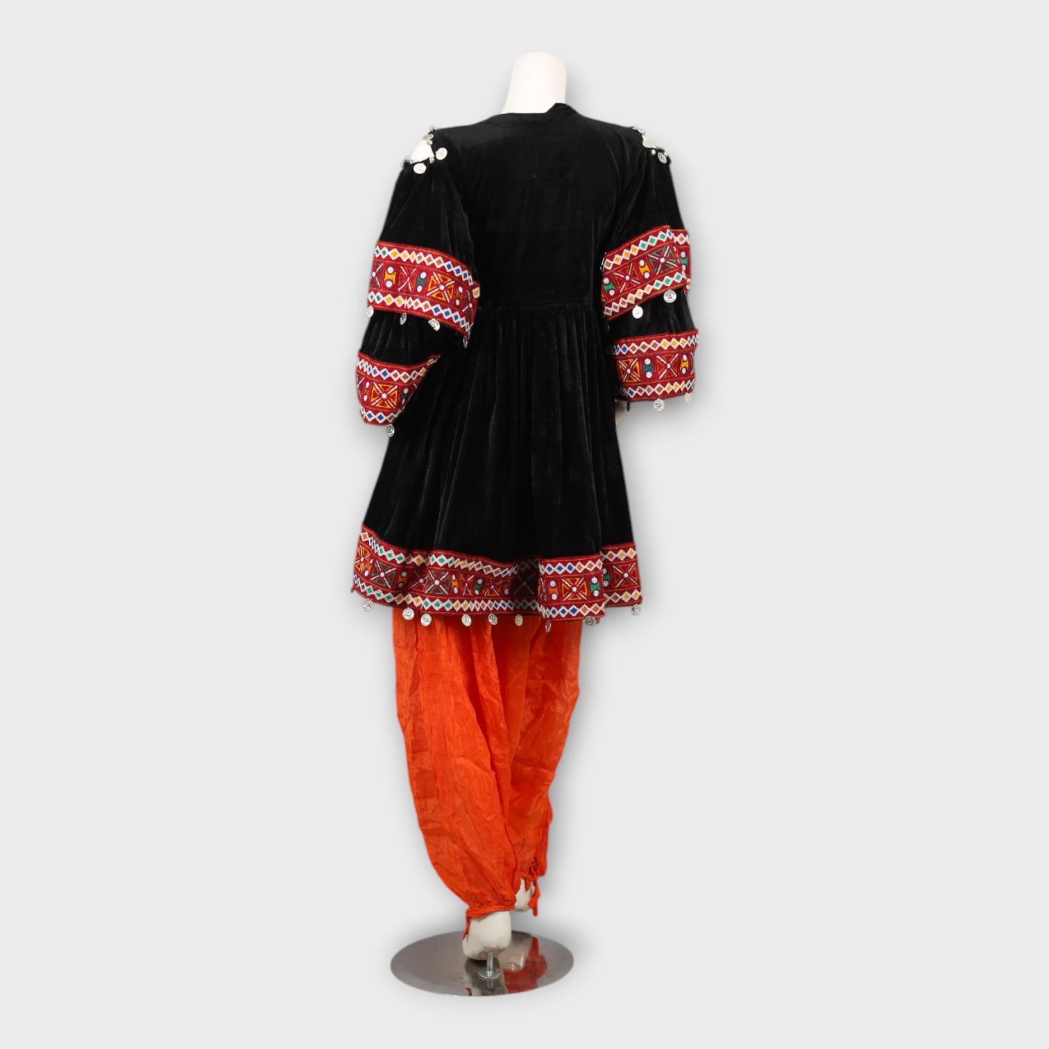 Black Velvet Afghani Dress with Red Embroidered Sleeves and Orange Salwar