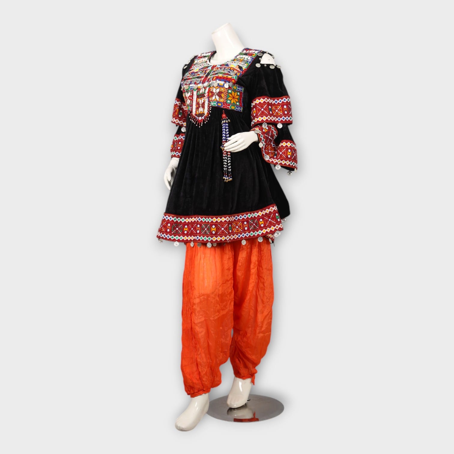 Black Velvet Afghani Dress with Red Embroidered Sleeves and Orange Salwar
