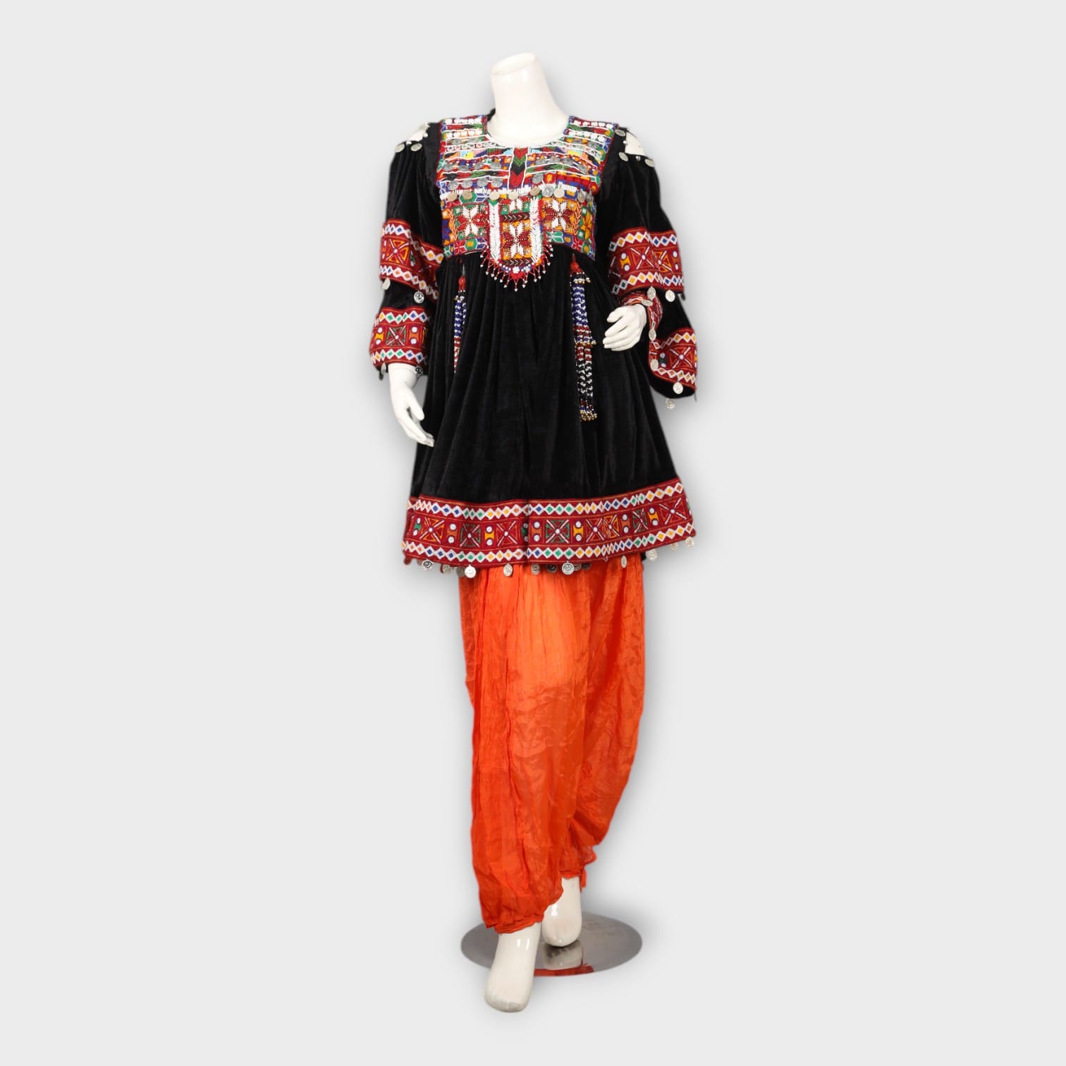 Black Velvet Afghani Dress with Red Embroidered Sleeves and Orange Salwar