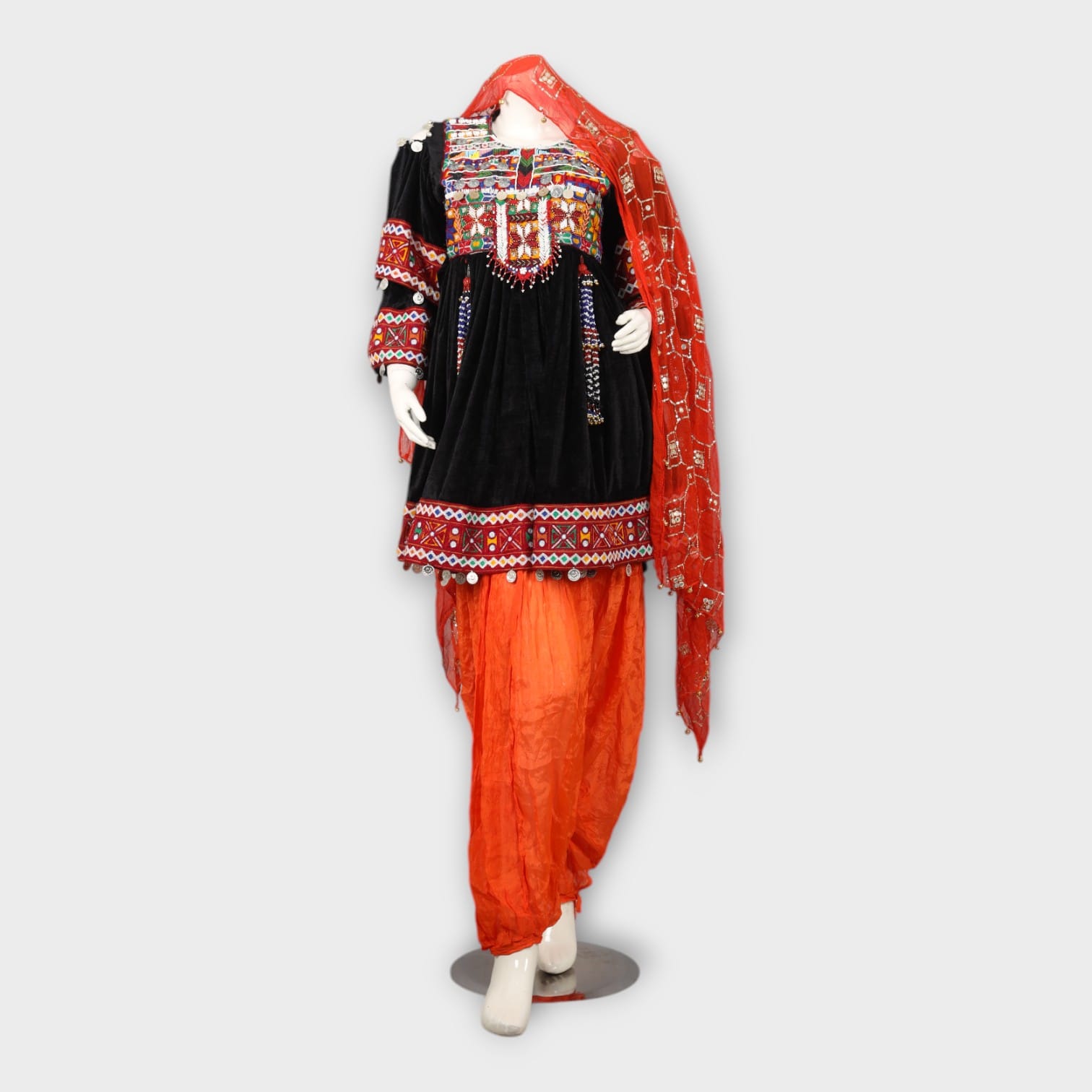 Black Velvet Afghani Dress with Red Embroidered Sleeves and Orange Salwar