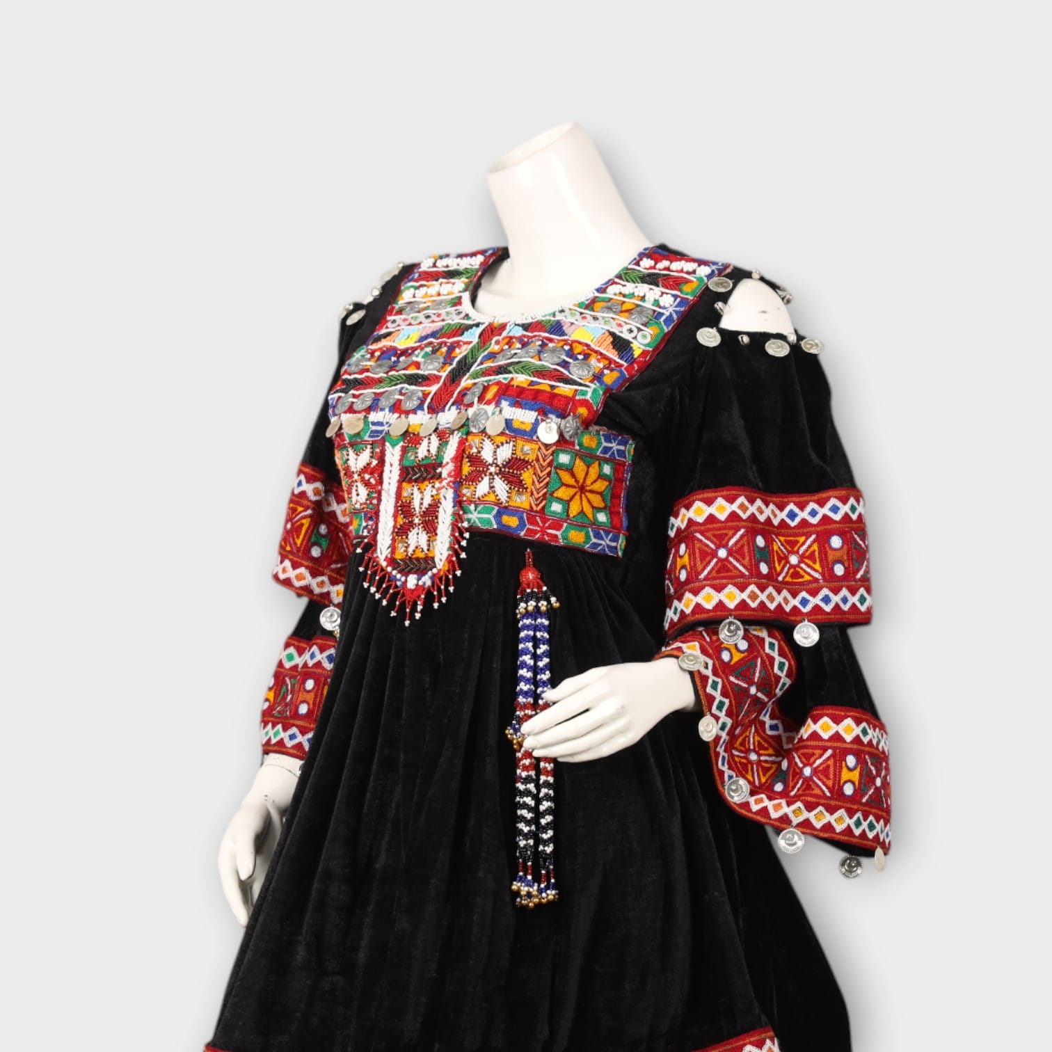 Black Velvet Afghani Dress with Red Embroidered Sleeves and Orange Salwar