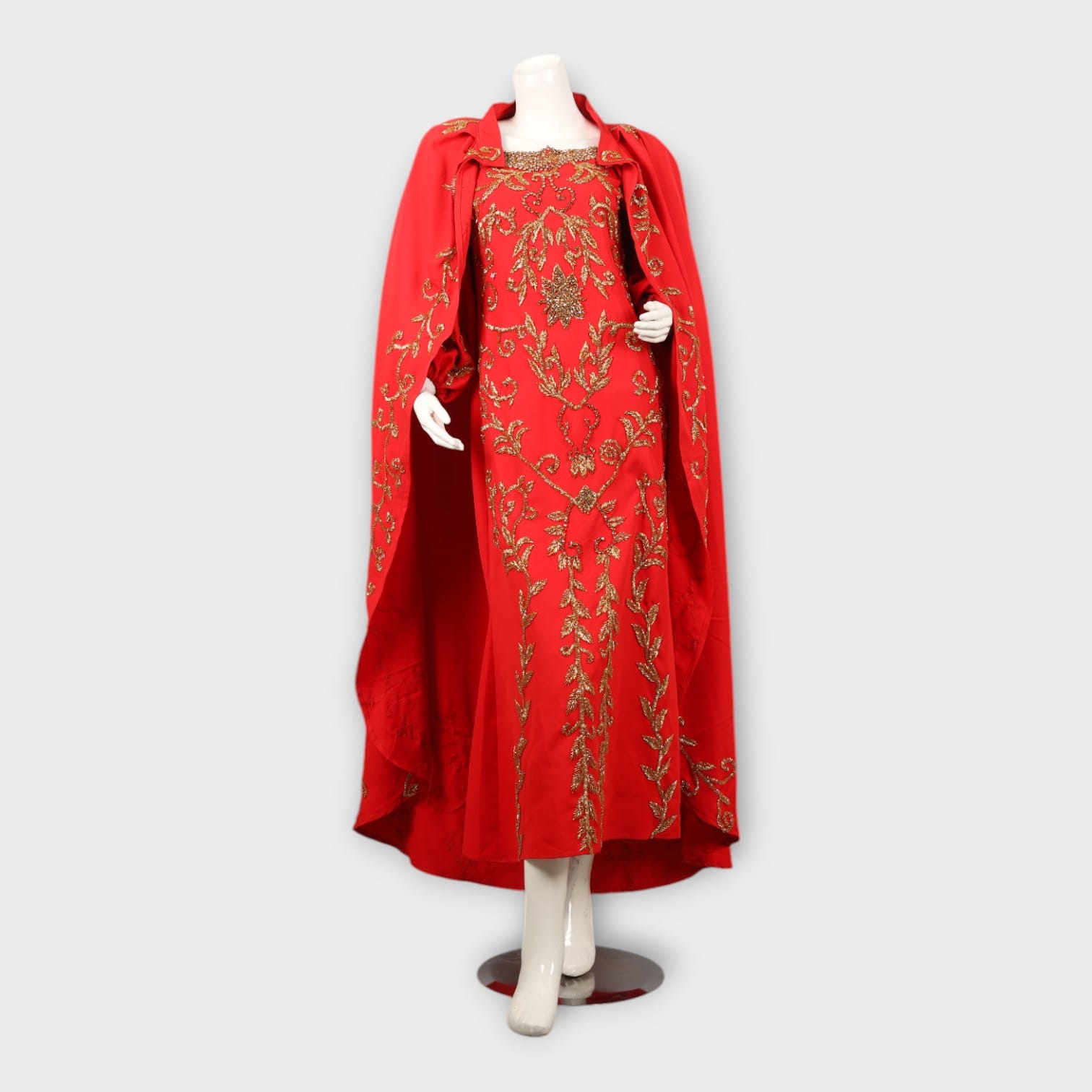 Red Royal Embroidered Afghani Gown with Matching Cape
