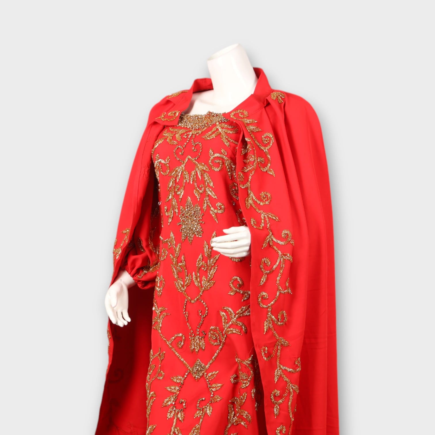 Red Royal Embroidered Afghani Gown with Matching Cape