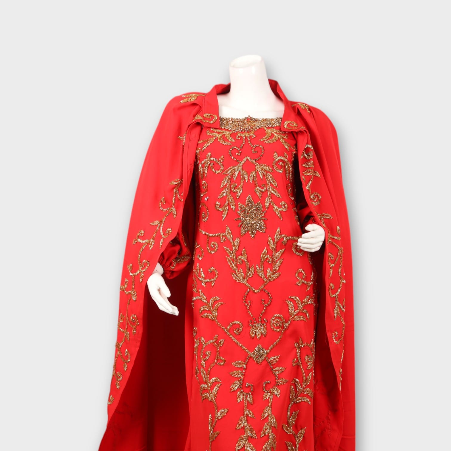 Red Royal Embroidered Afghani Gown with Matching Cape