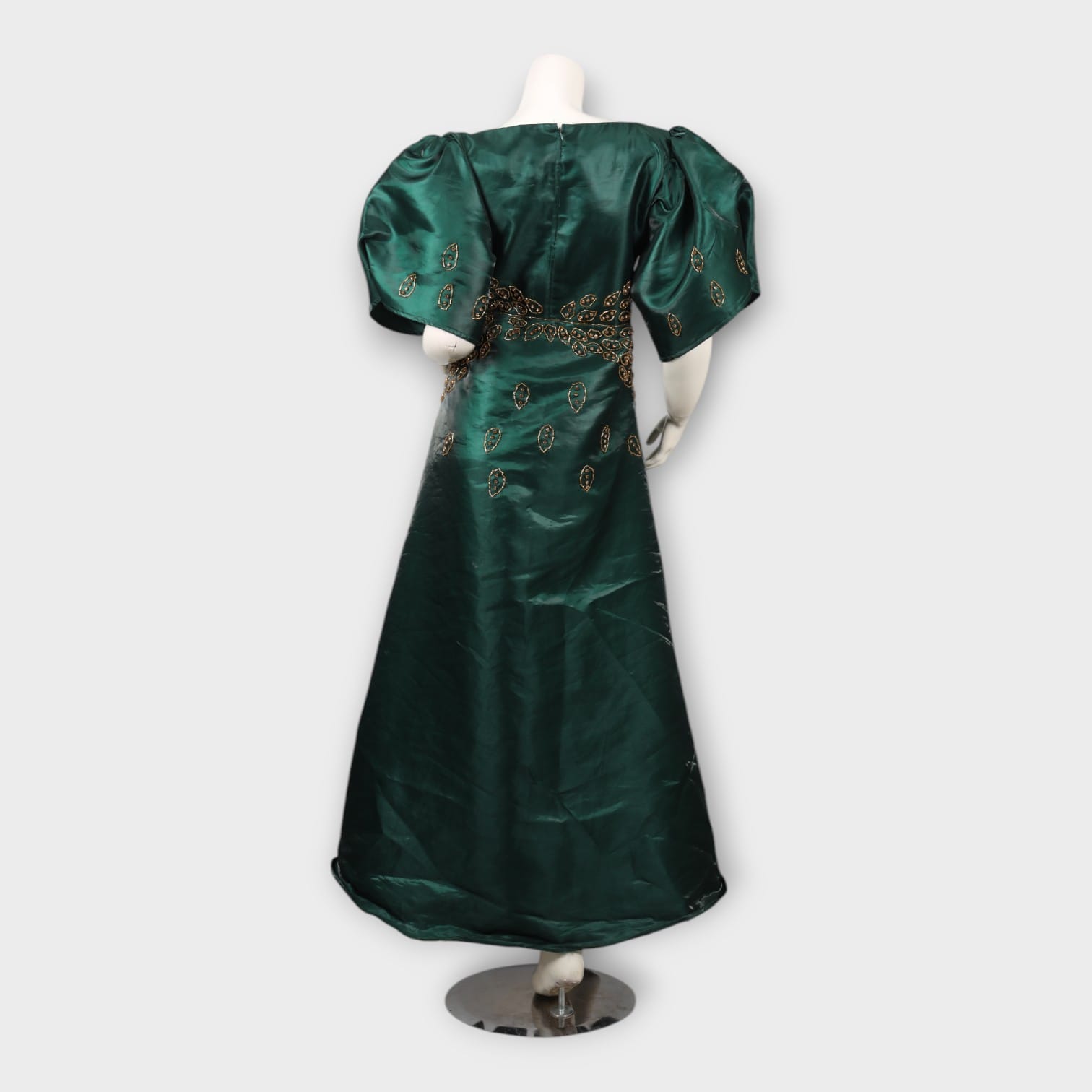 Emerald Green Satin Gown | Hand-Embroidered Dress