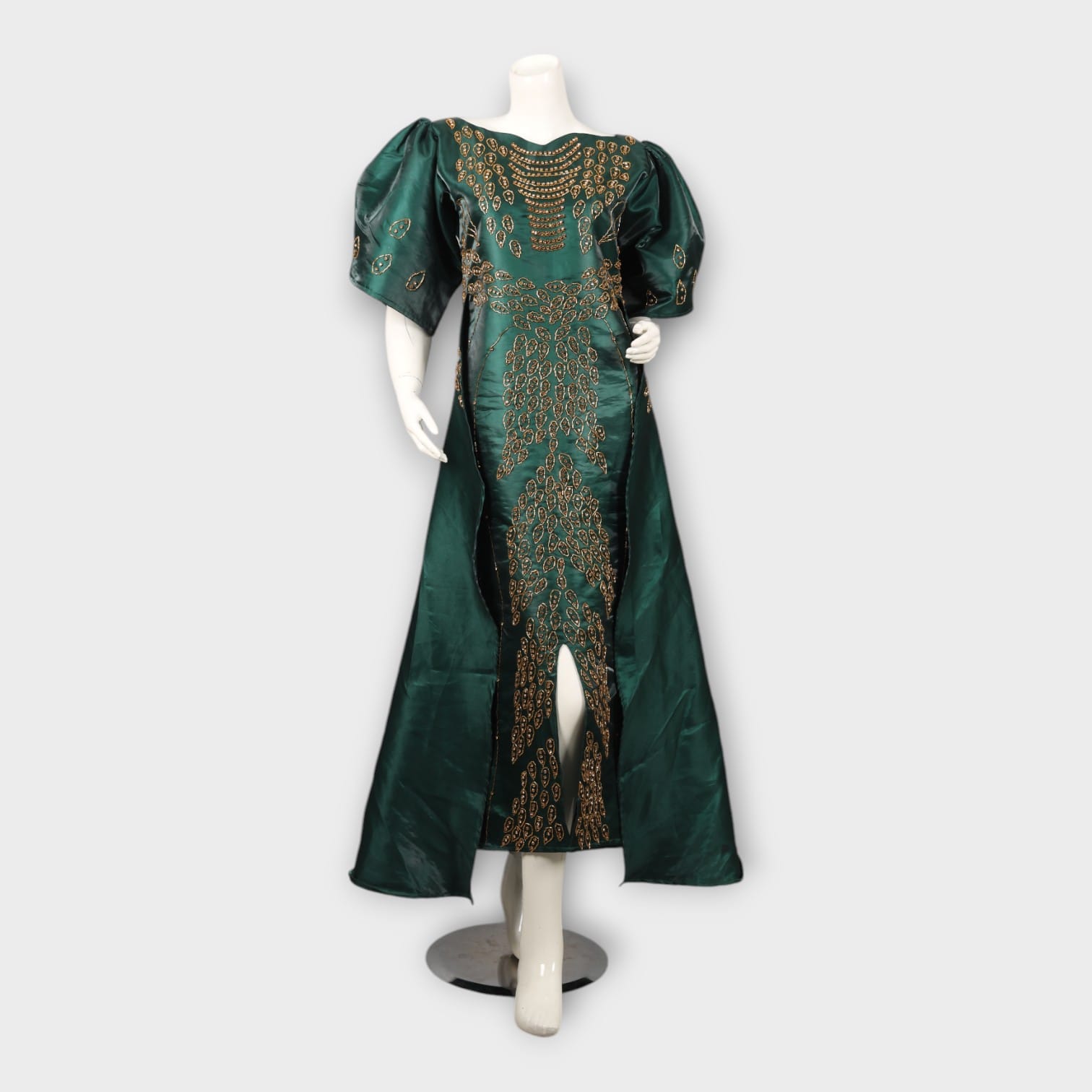 Emerald Green Satin Gown | Hand-Embroidered Dress