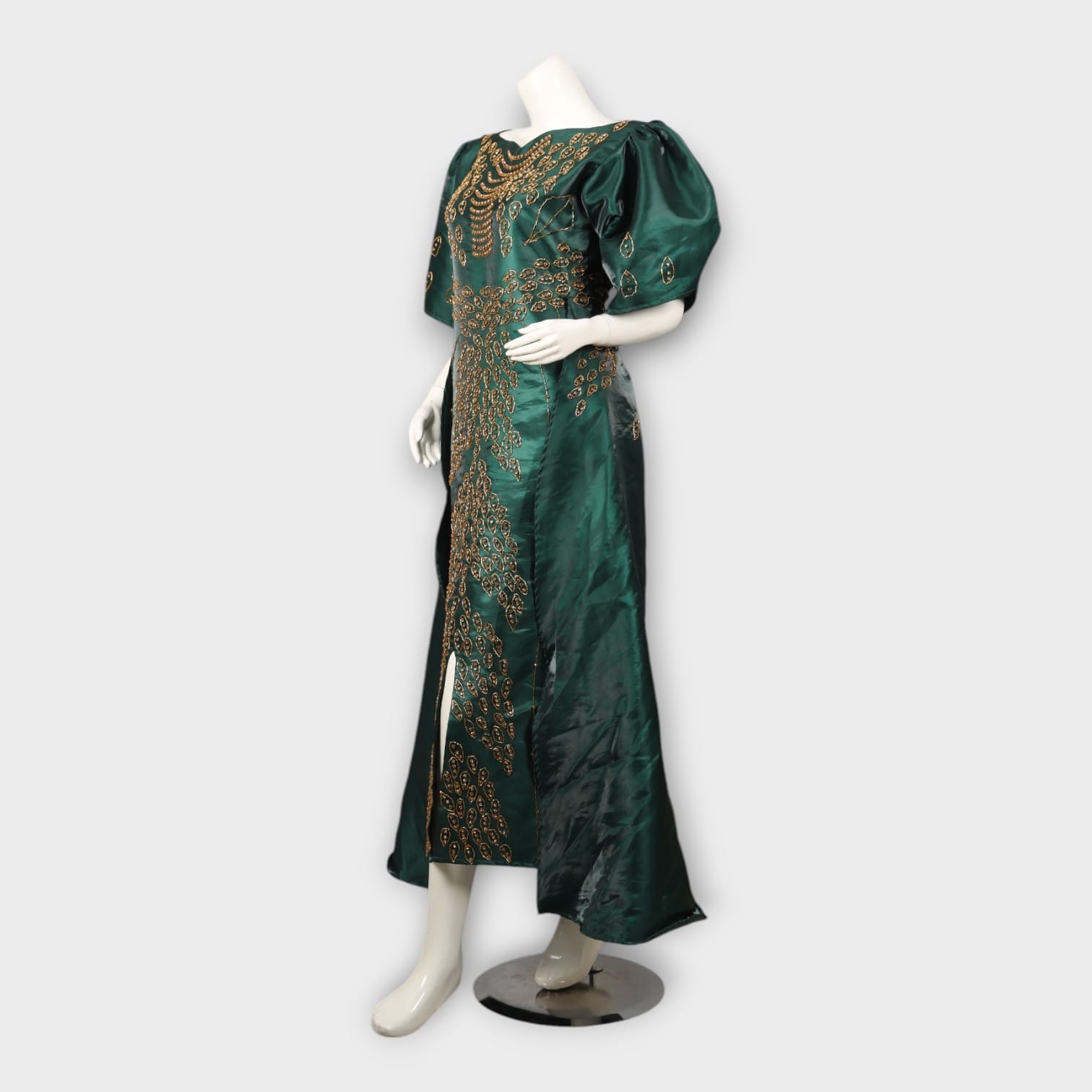 Emerald Green Satin Gown | Hand-Embroidered Dress