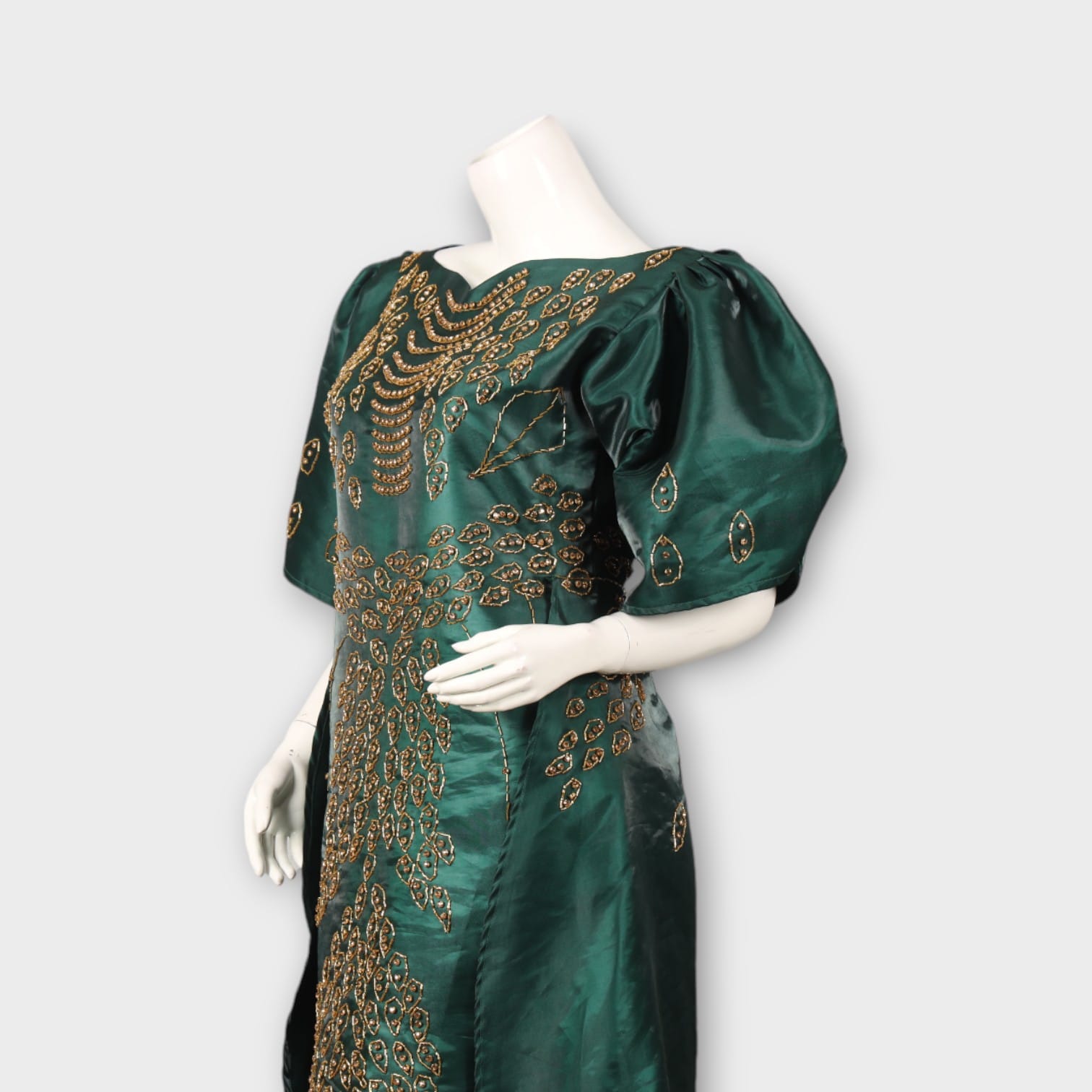 Emerald Green Satin Gown | Hand-Embroidered Dress