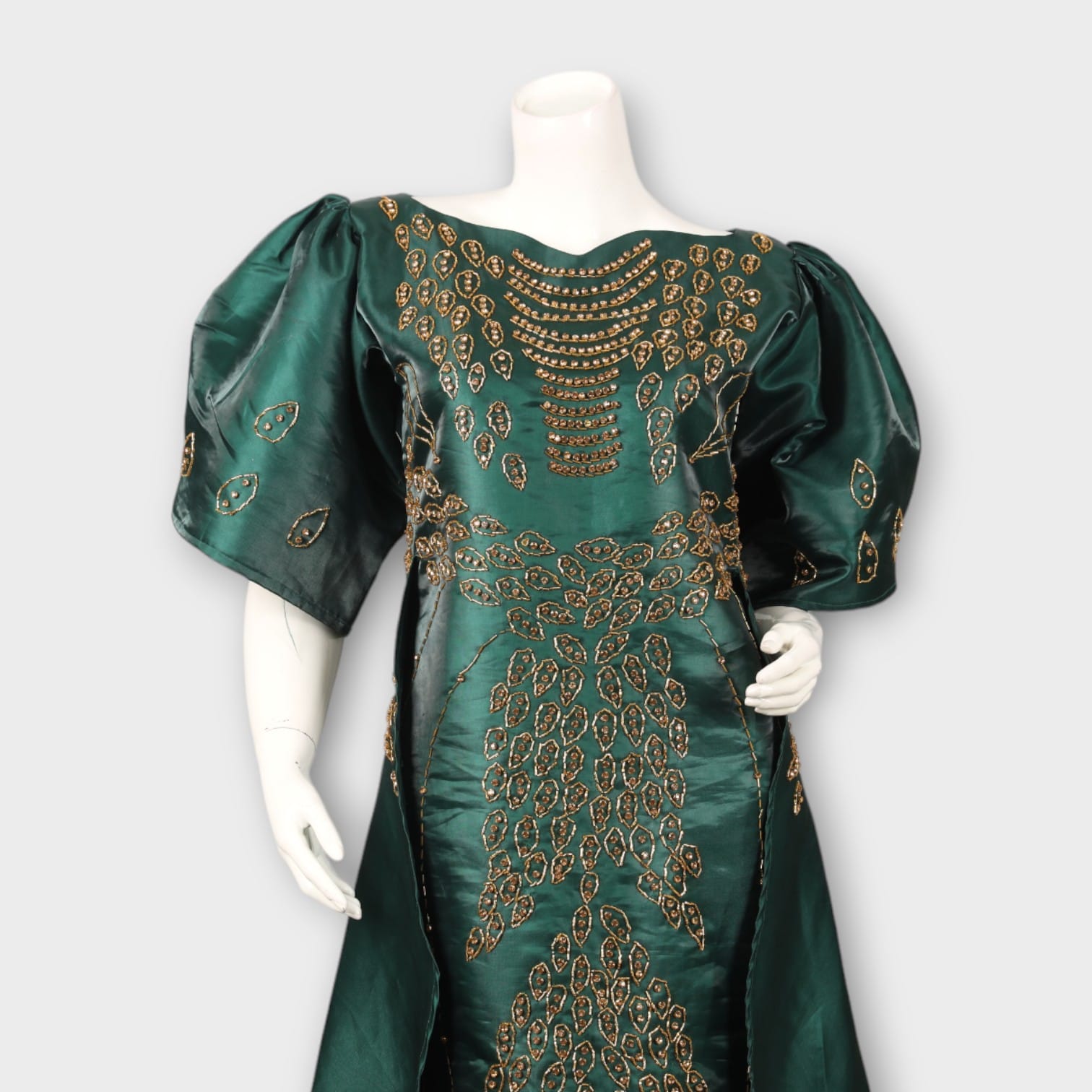 Emerald Green Satin Gown | Hand-Embroidered Dress