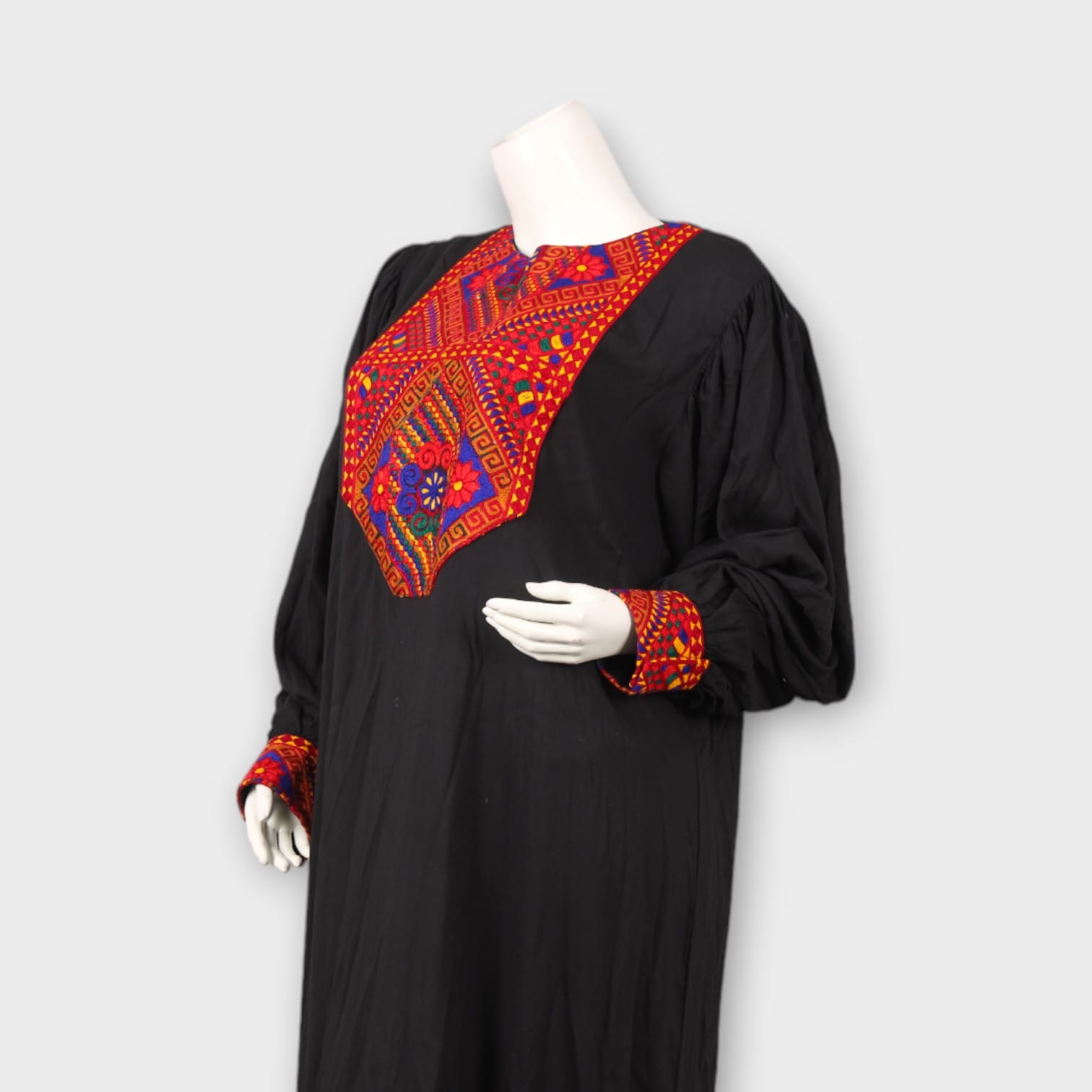 Black Classic Afghani Dress with Red Tribal Embroidery