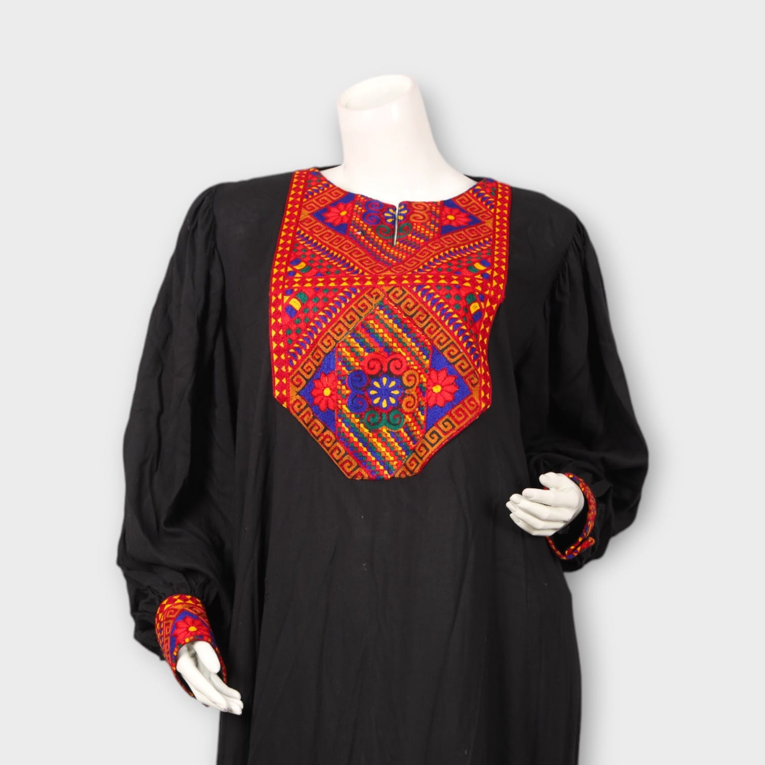 Black Classic Afghani Dress with Red Tribal Embroidery