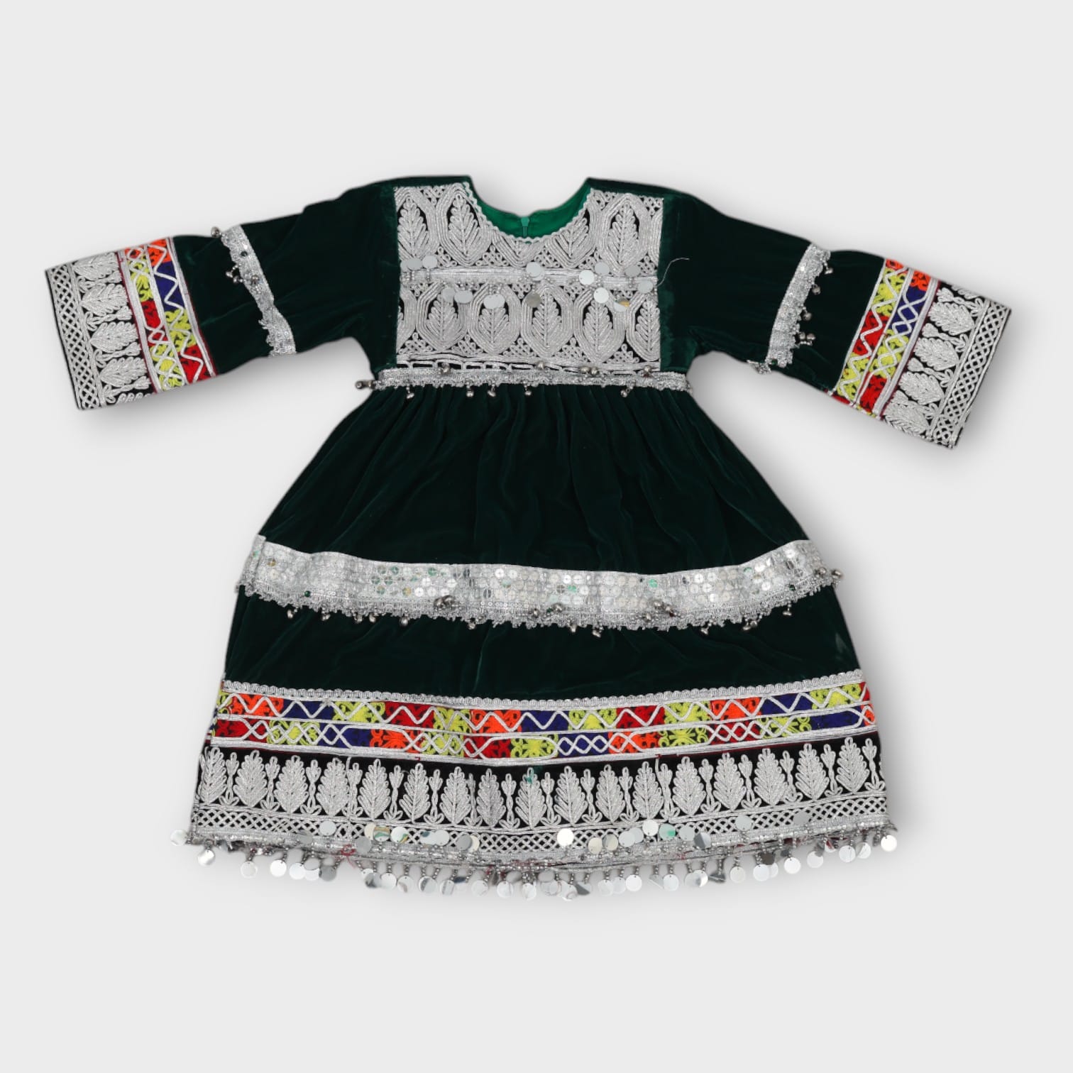 Green Velvet Afghani Baby Dress with Traditional Embroidery