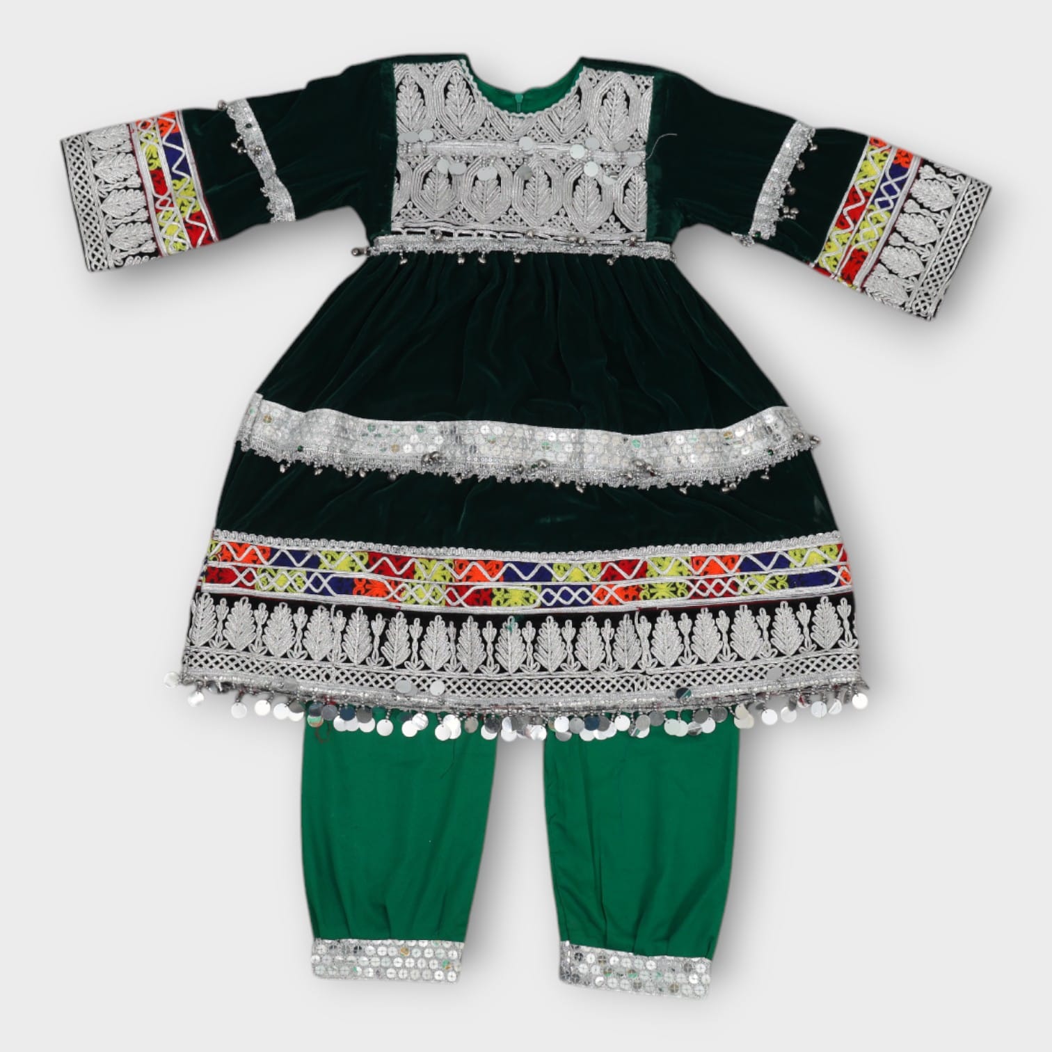 Green Velvet Afghani Baby Dress with Traditional Embroidery