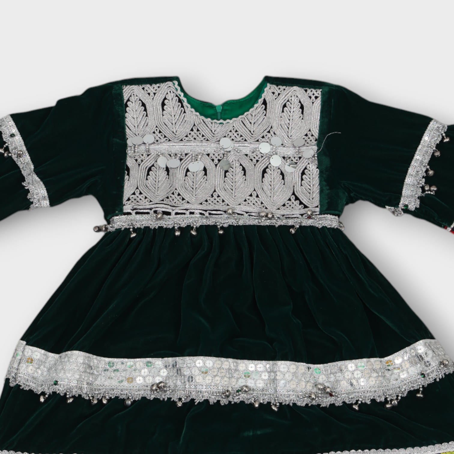 Green Velvet Afghani Baby Dress with Traditional Embroidery