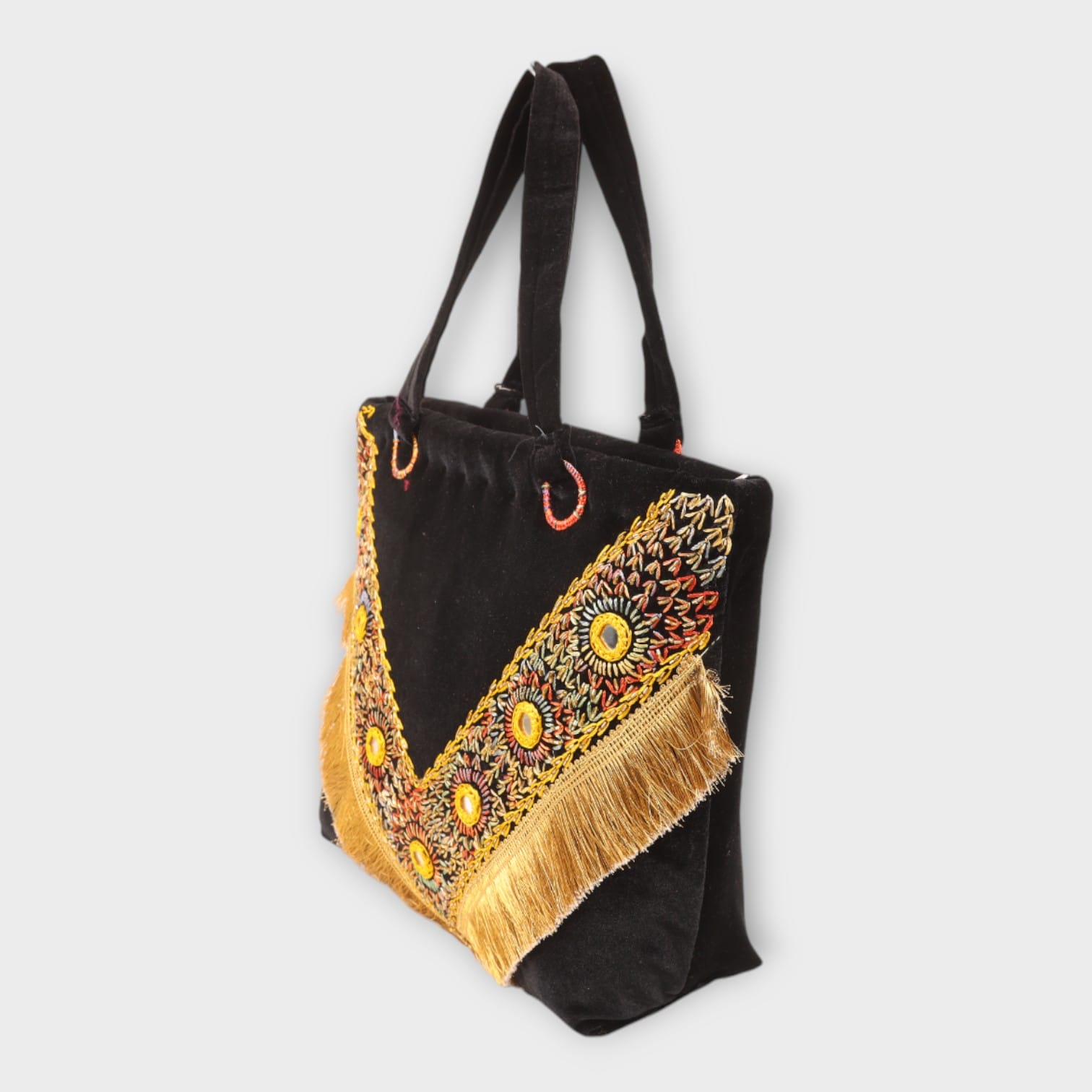 Black Afghani Handbag with Golden Embroidery and Fringe