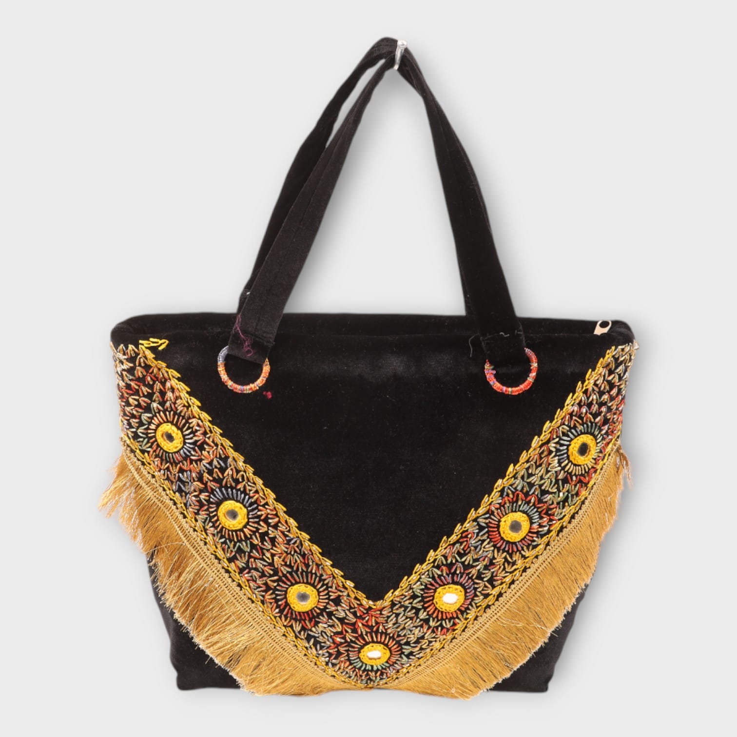 Black Afghani Handbag with Golden Embroidery and Fringe