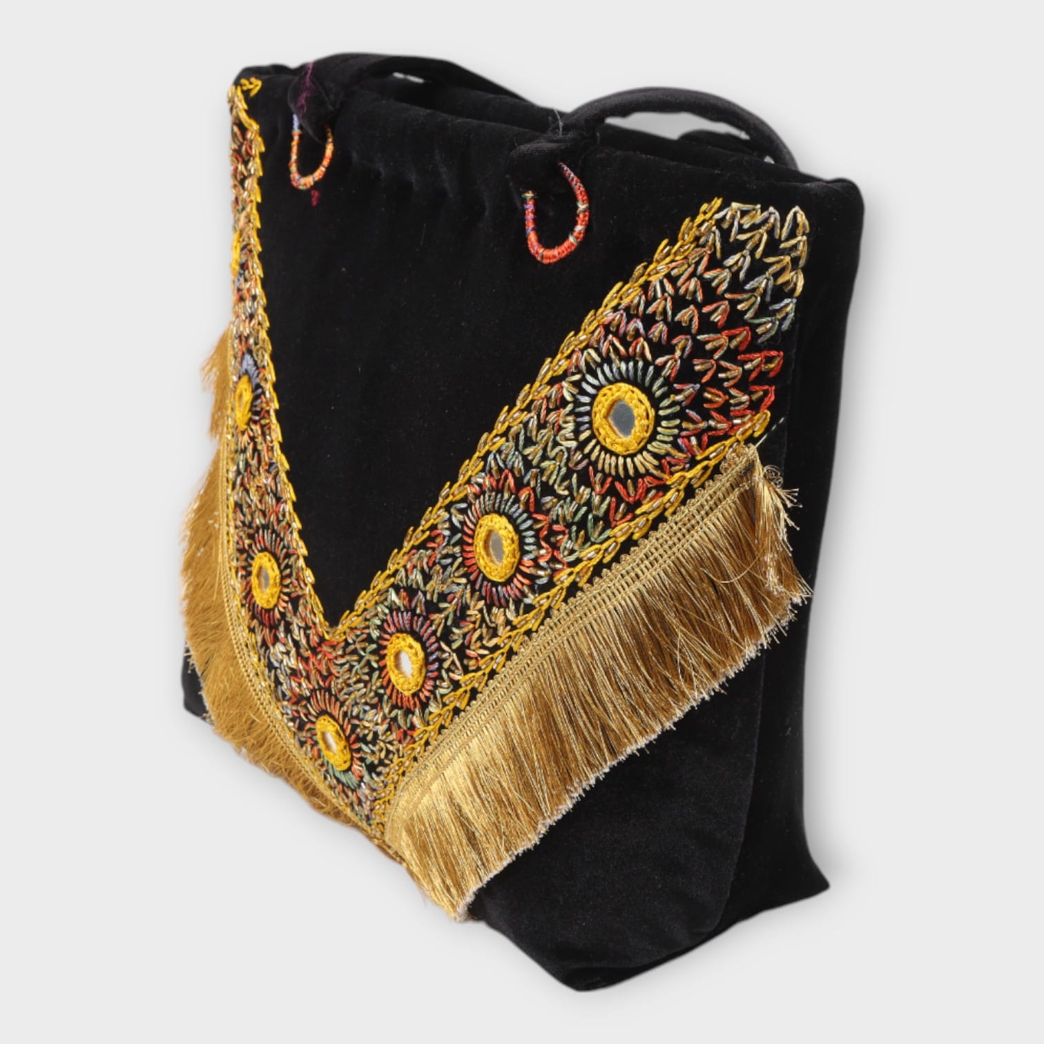 Black Afghani Handbag with Golden Embroidery and Fringe