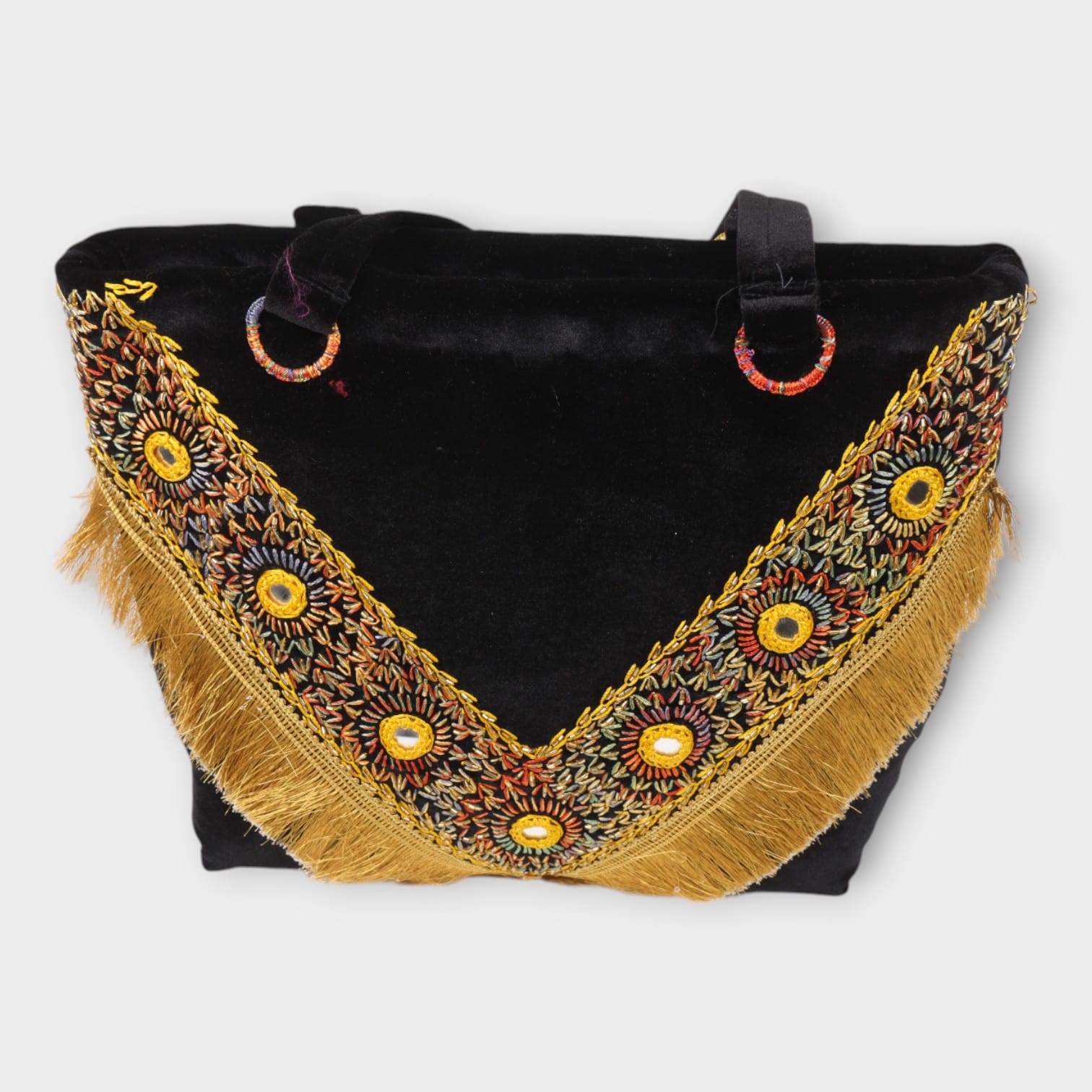 Black Afghani Handbag with Golden Embroidery and Fringe