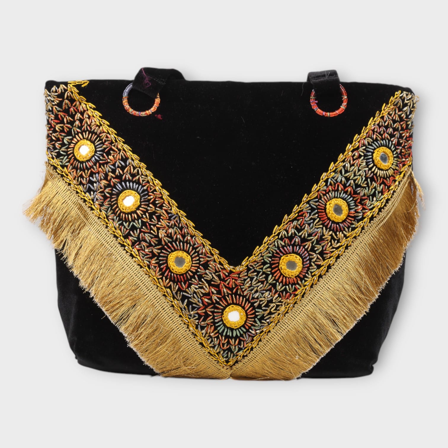 Black Afghani Handbag with Golden Embroidery and Fringe