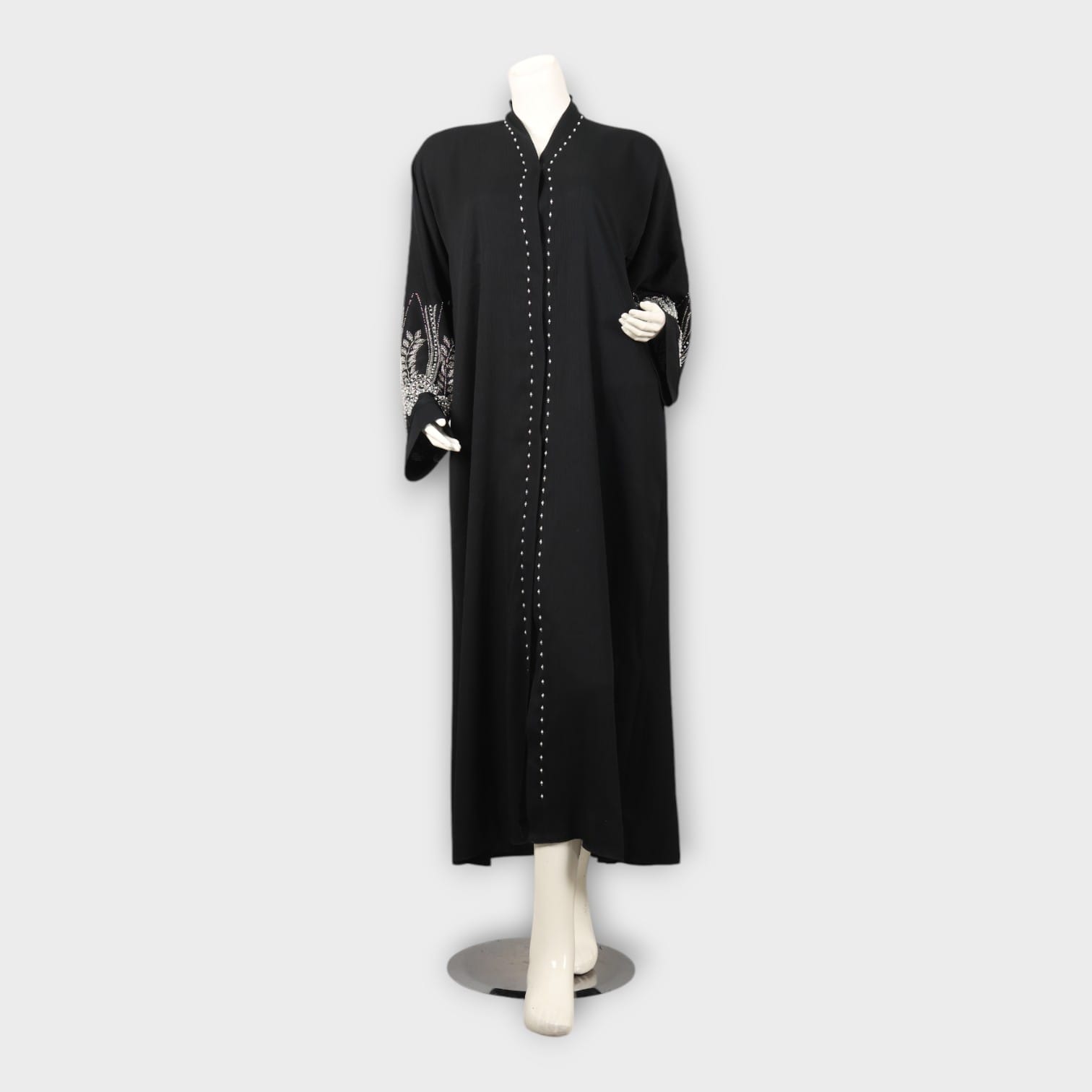 Elegant Black Abaya with Pearl Detailing and Embroidered Sleeves
