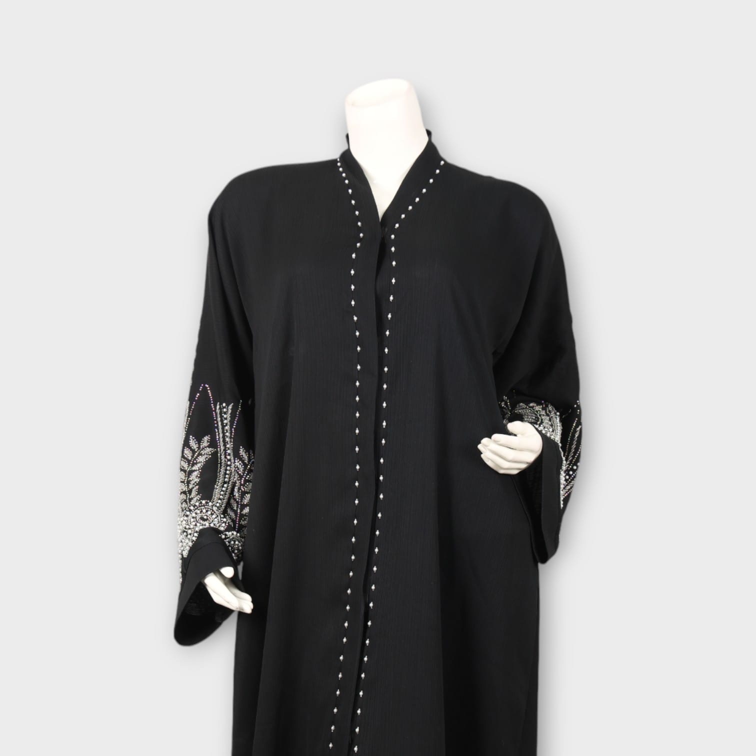 Elegant Black Abaya with Pearl Detailing and Embroidered Sleeves