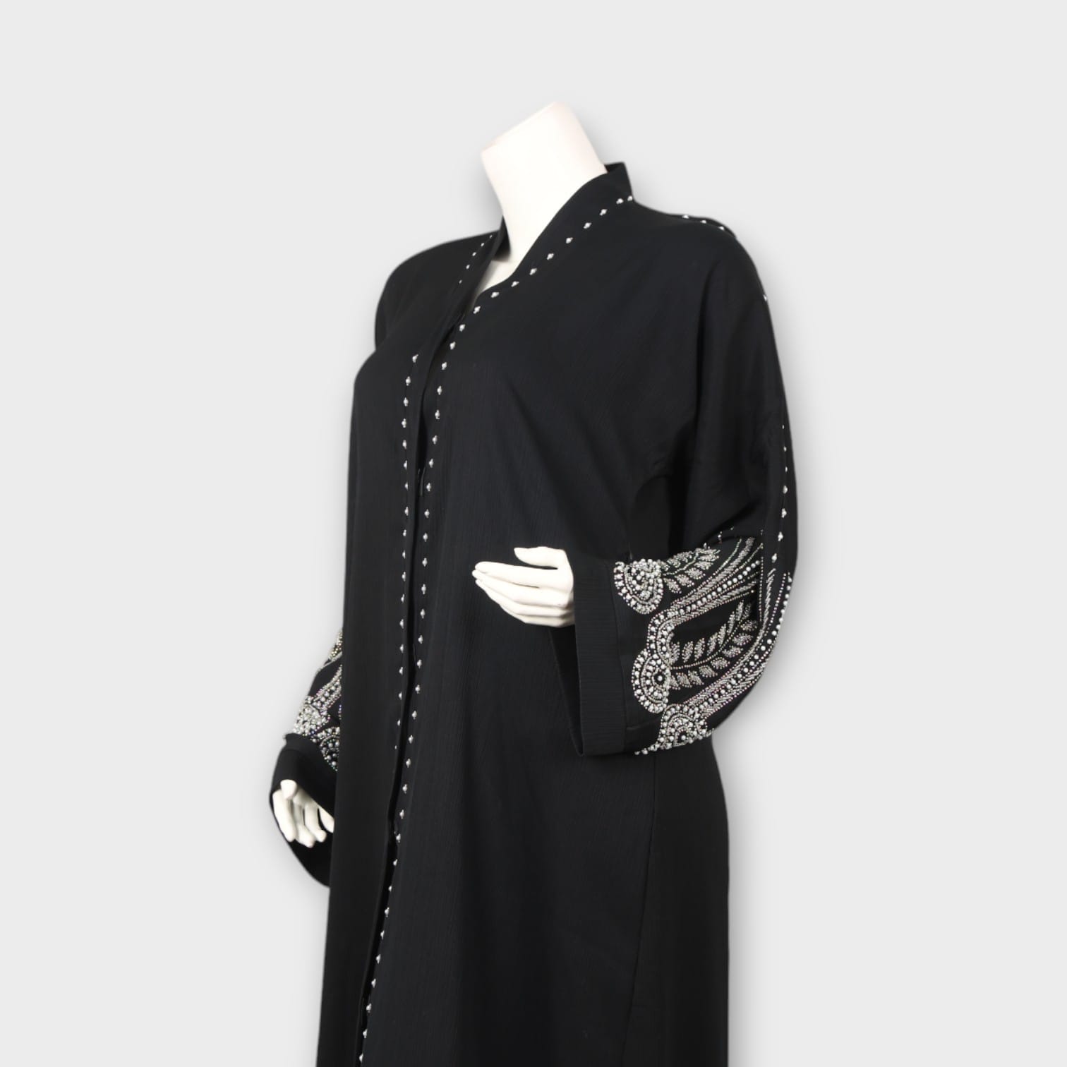 Elegant Black Abaya with Pearl Detailing and Embroidered Sleeves