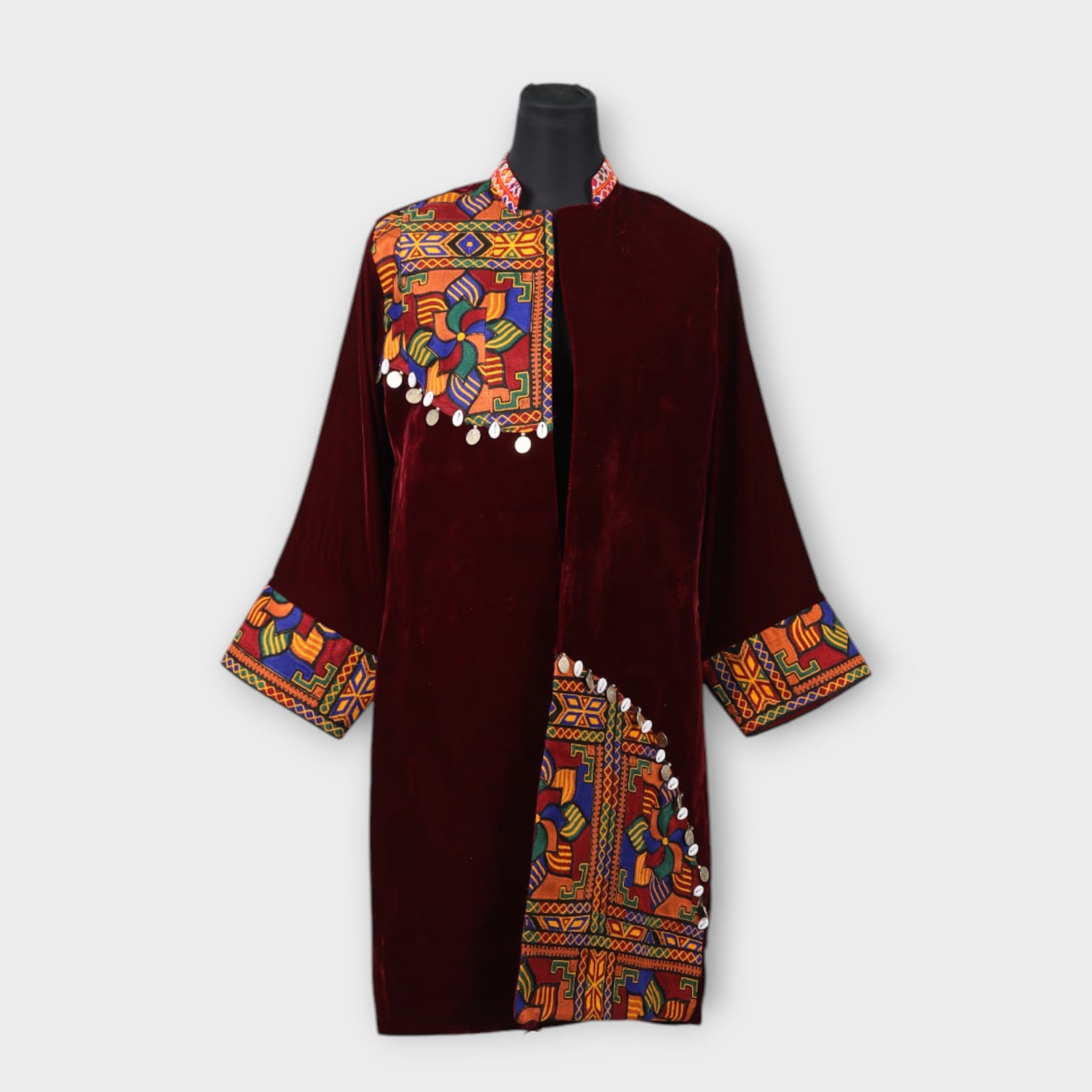 Burgundy Velvet Afghani Embroidered Coat