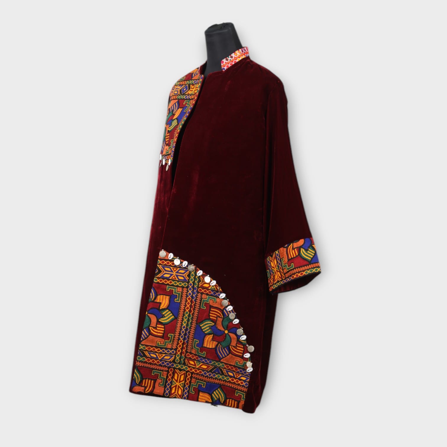 Burgundy Velvet Afghani Embroidered Coat