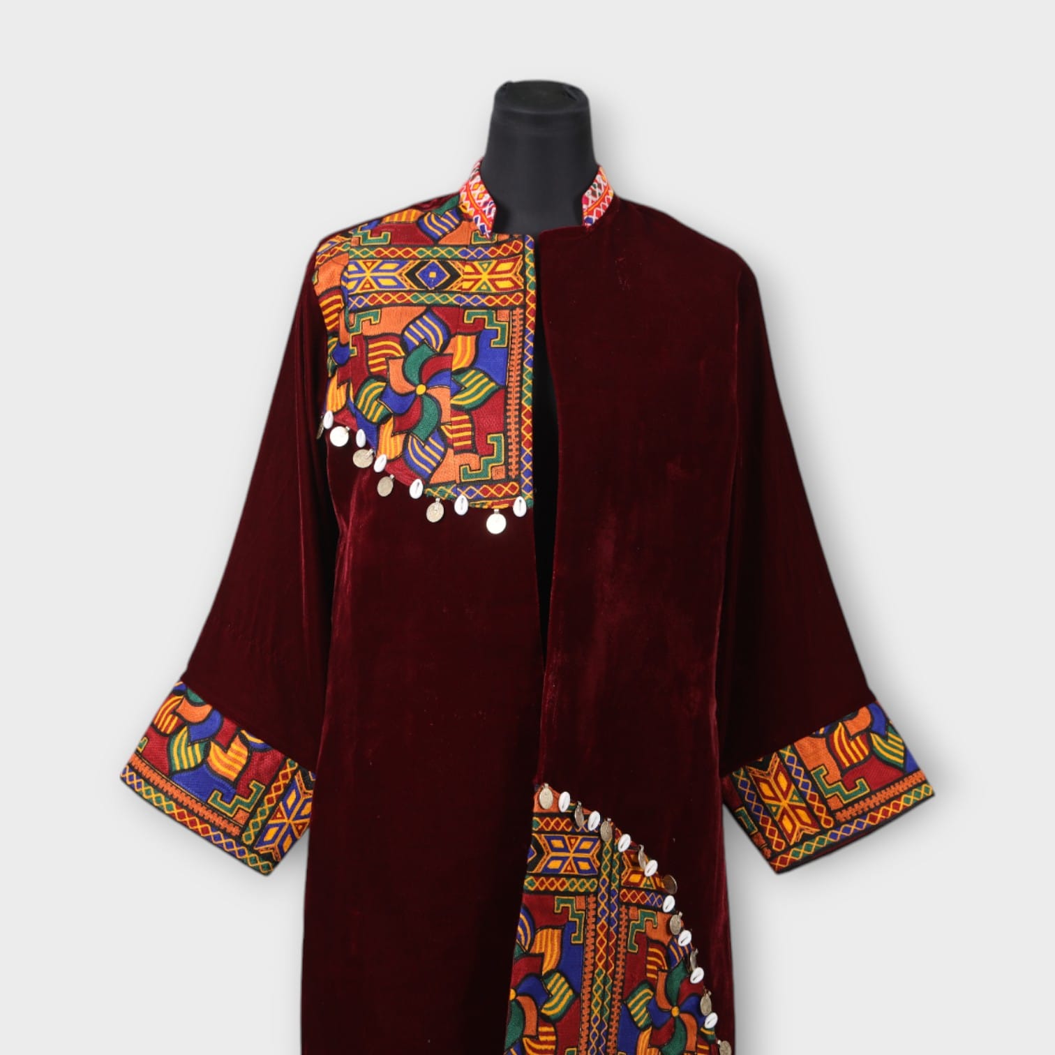Burgundy Velvet Afghani Embroidered Coat