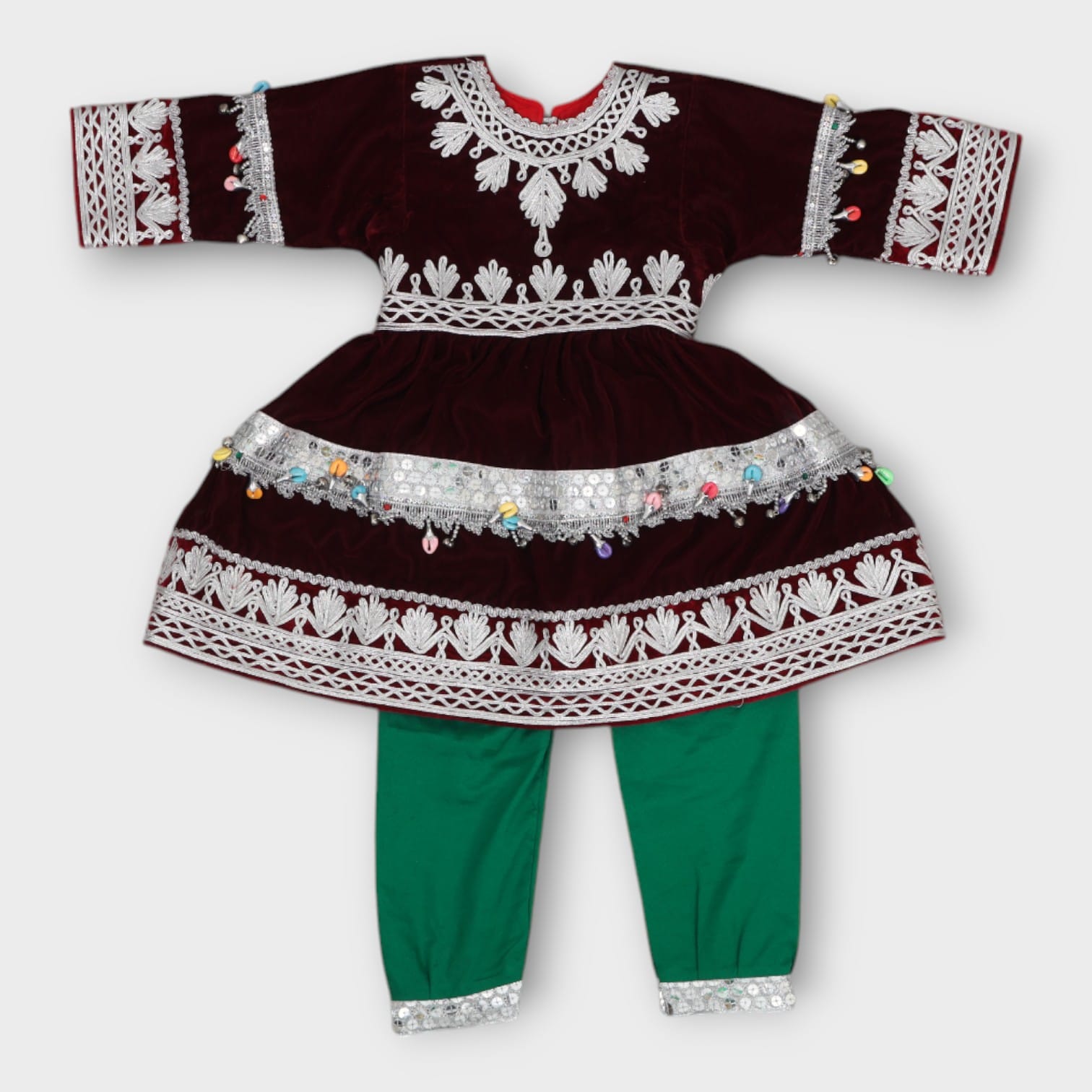 Burgundy Afghani Baby Dress with Silver Embroidery